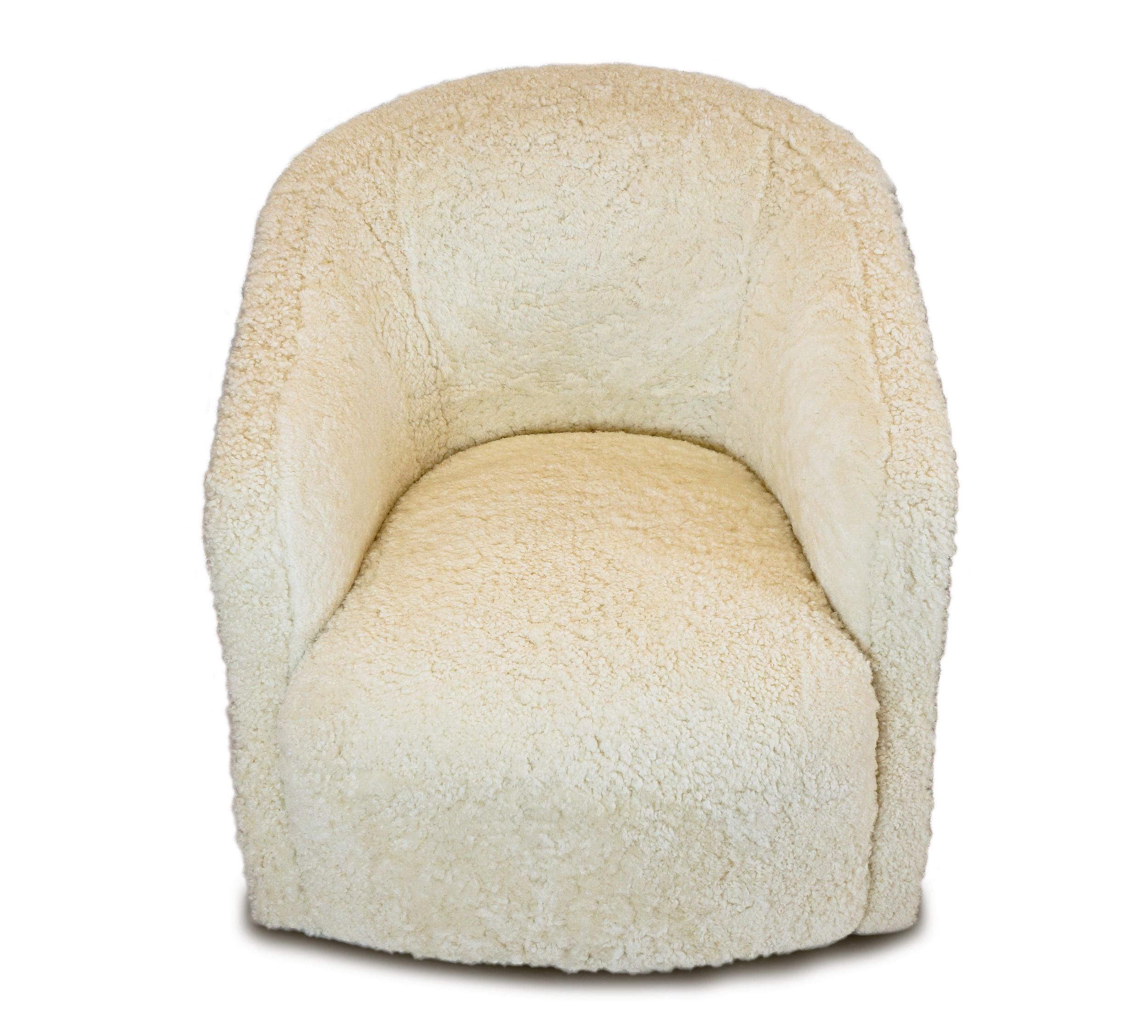American Modern Shearling Swivel Chair with Faux Metallic Vinyl Textured Contrast Back For Sale