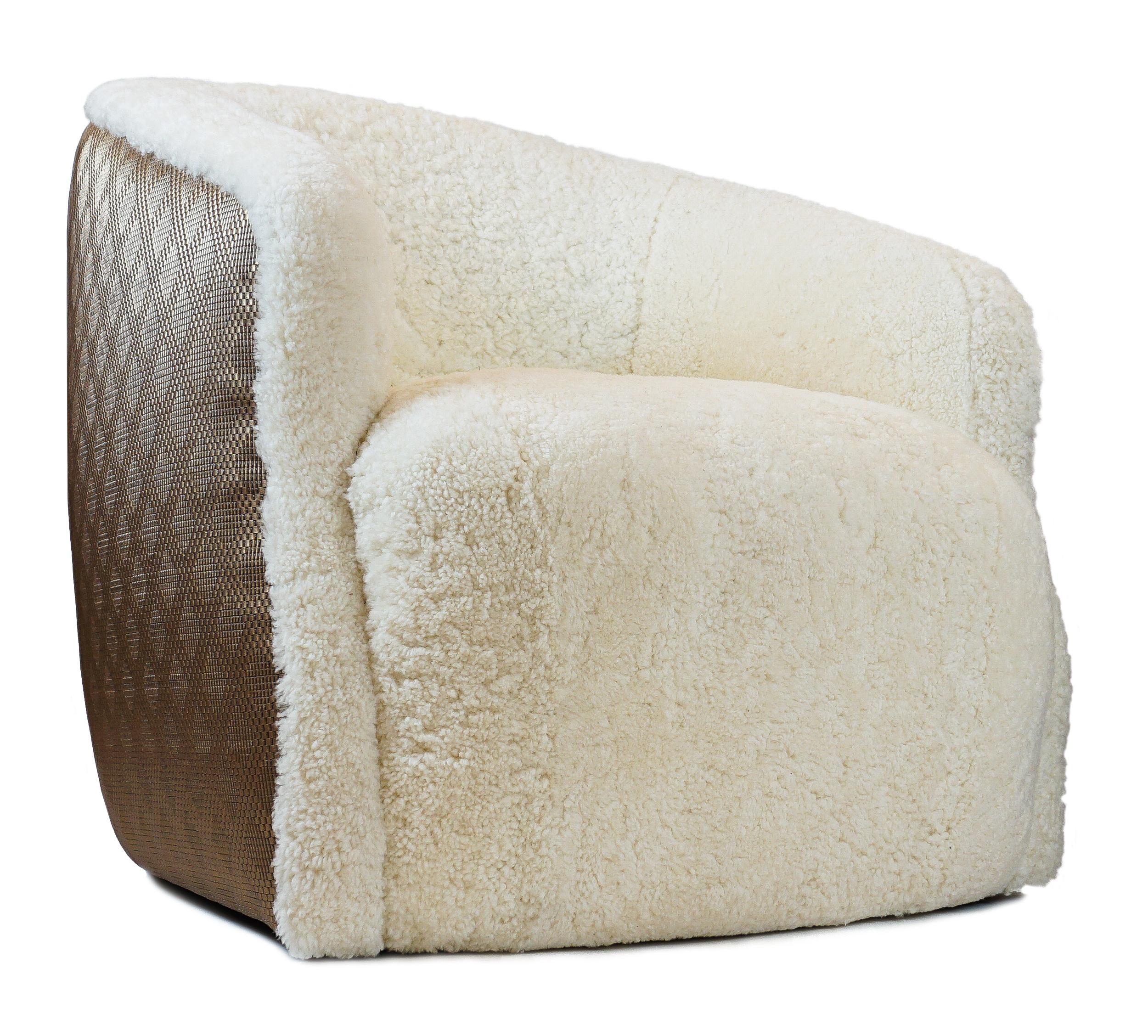 Contemporary Modern Shearling Swivel Chair with Faux Metallic Vinyl Textured Contrast Back For Sale