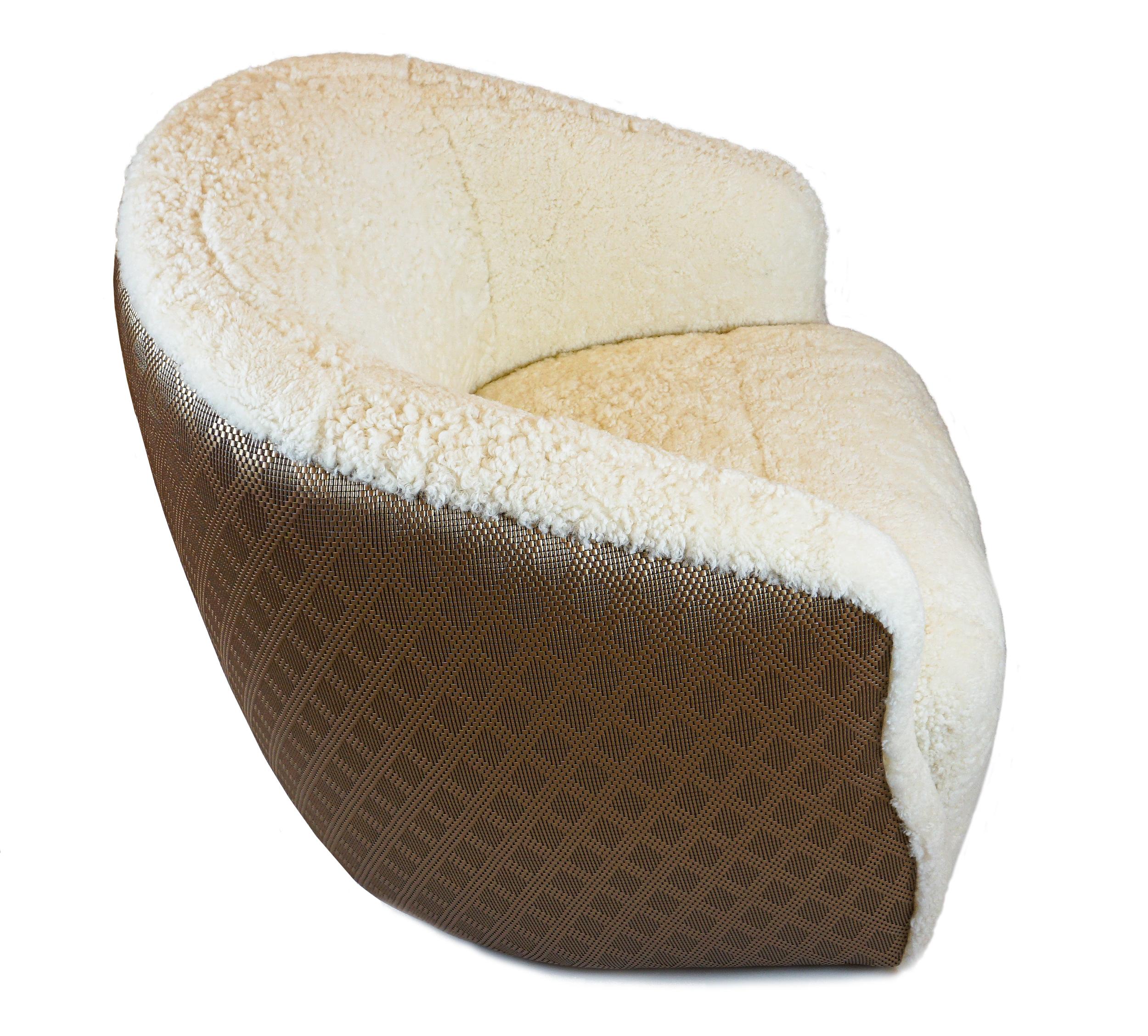 Sheepskin Modern Shearling Swivel Chair with Faux Metallic Vinyl Textured Contrast Back For Sale