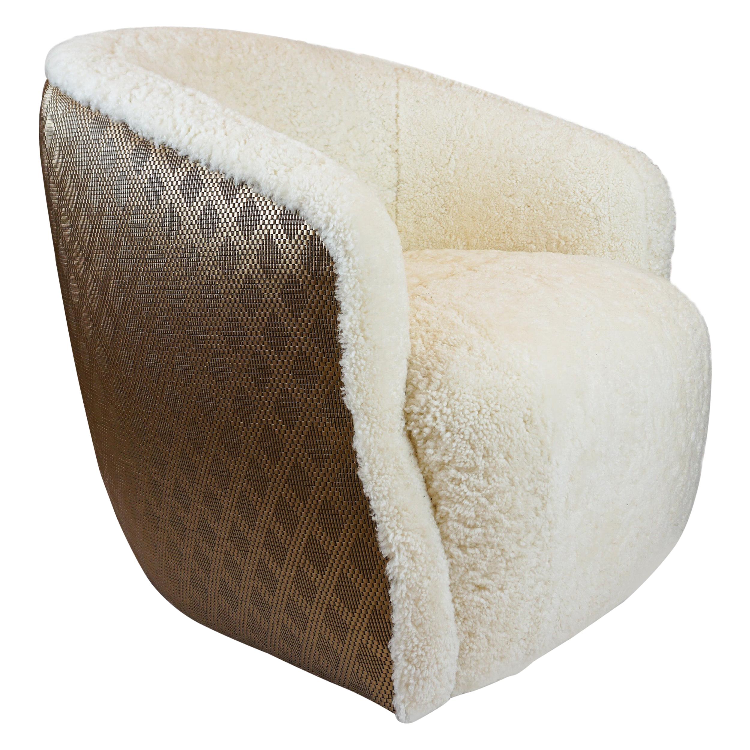 Modern Shearling Swivel Chair with Faux Metallic Vinyl Textured Contrast Back For Sale