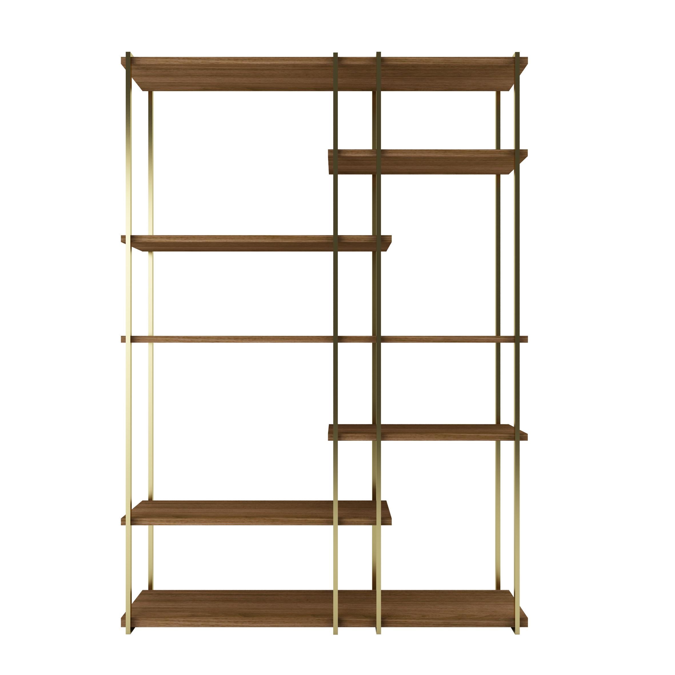 Modern Shelves in Brass Finishing and Walnut Wood For Sale