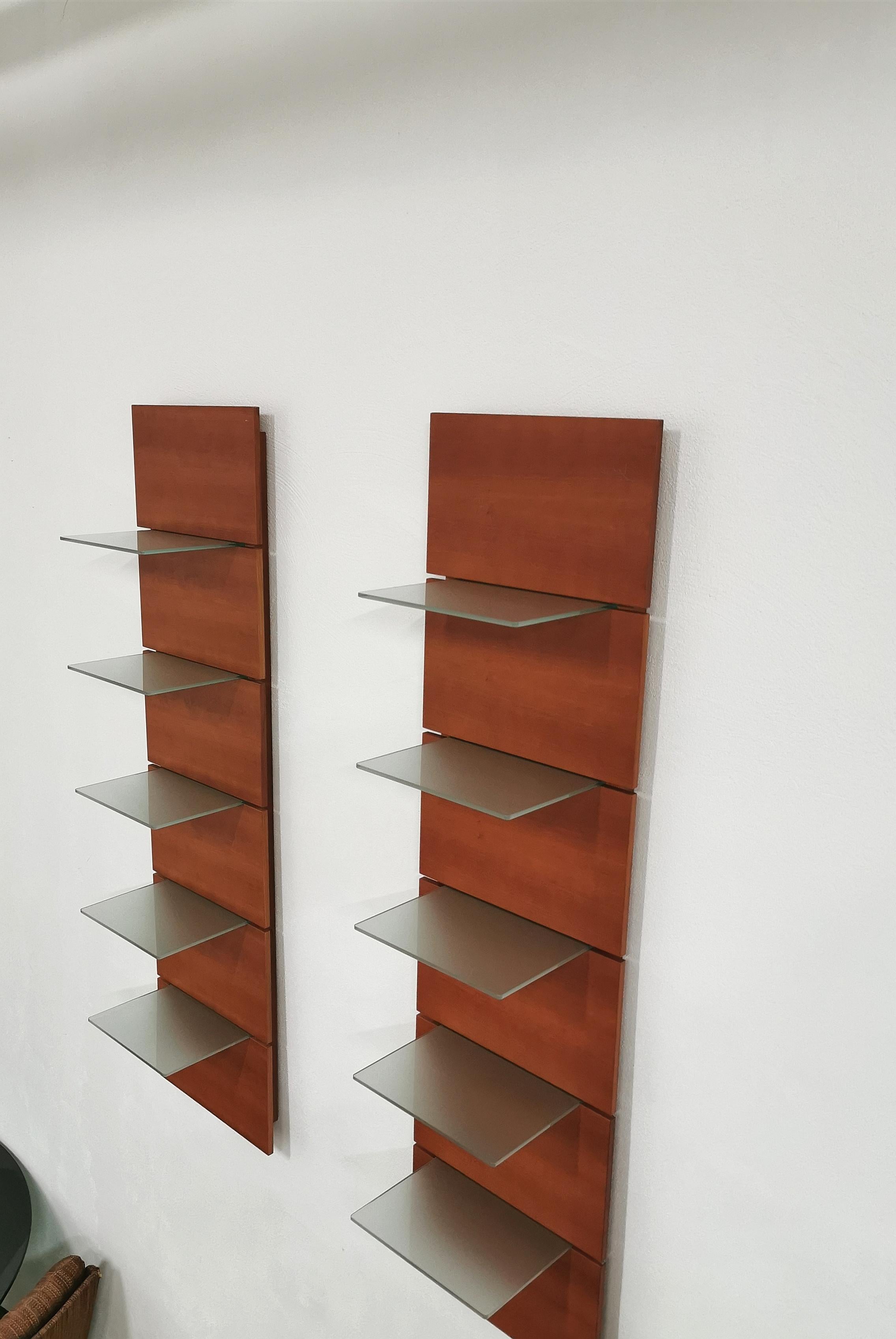 Modern Shelves Wall Cabinets Cherrywood Tempered Glass Calligaris 1990s Set of 2 4