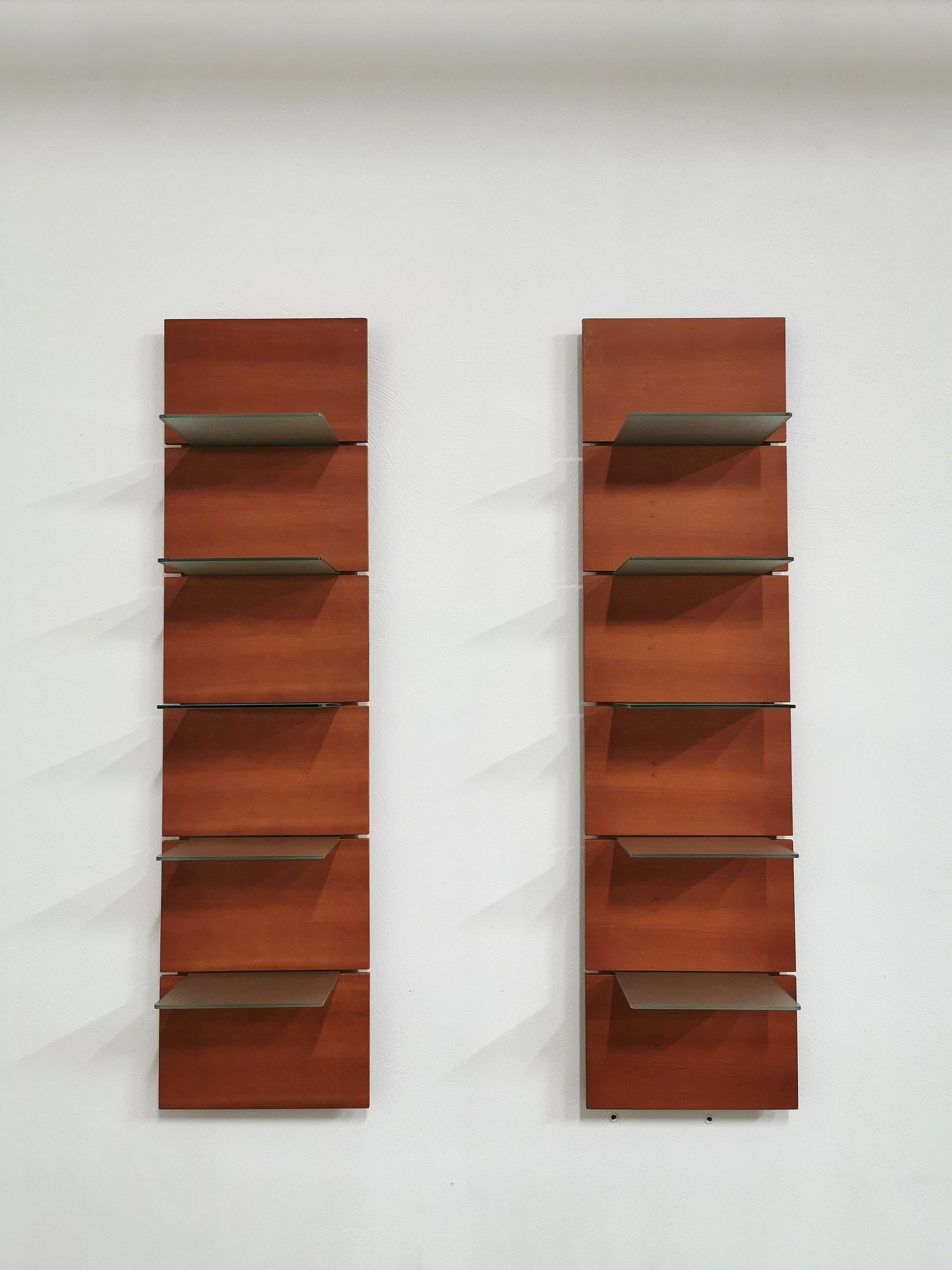 Italian Modern Shelves Wall Cabinets Cherrywood Tempered Glass Calligaris 1990s Set of 2