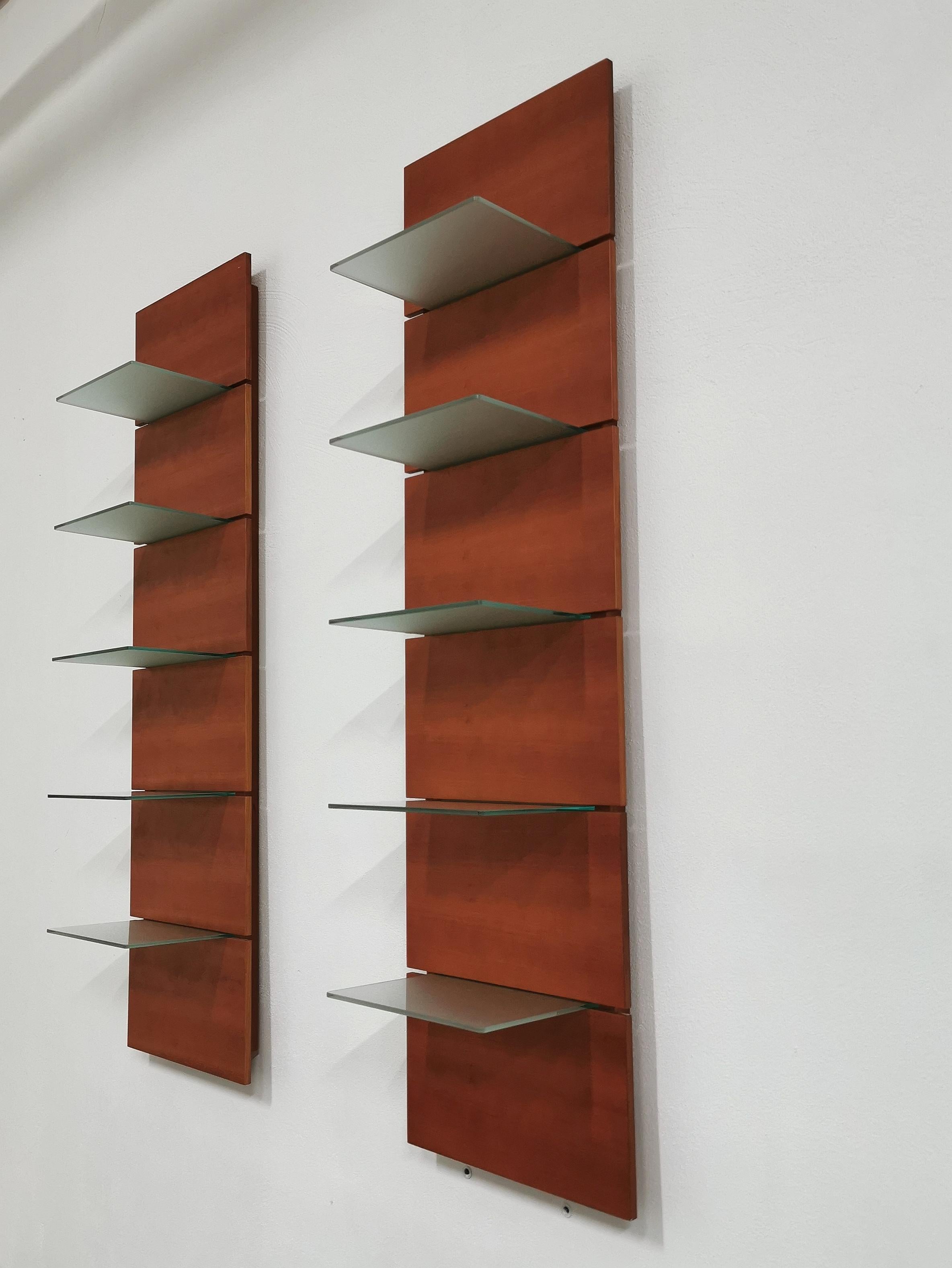 Late 20th Century Modern Shelves Wall Cabinets Cherrywood Tempered Glass Calligaris 1990s Set of 2