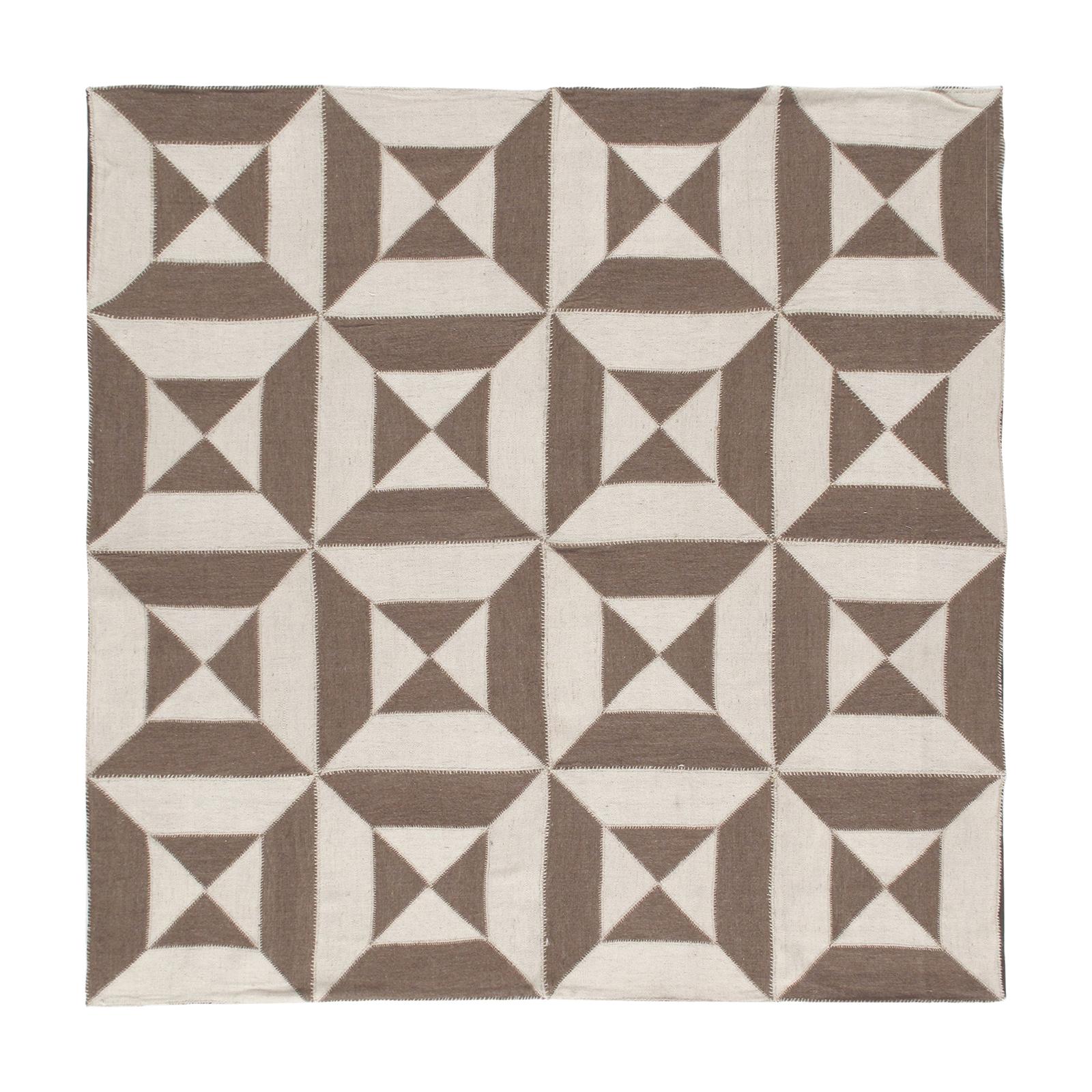 Modern Shiraz Handwoven Flatweave Geometric Square Rug in Beige and Brown