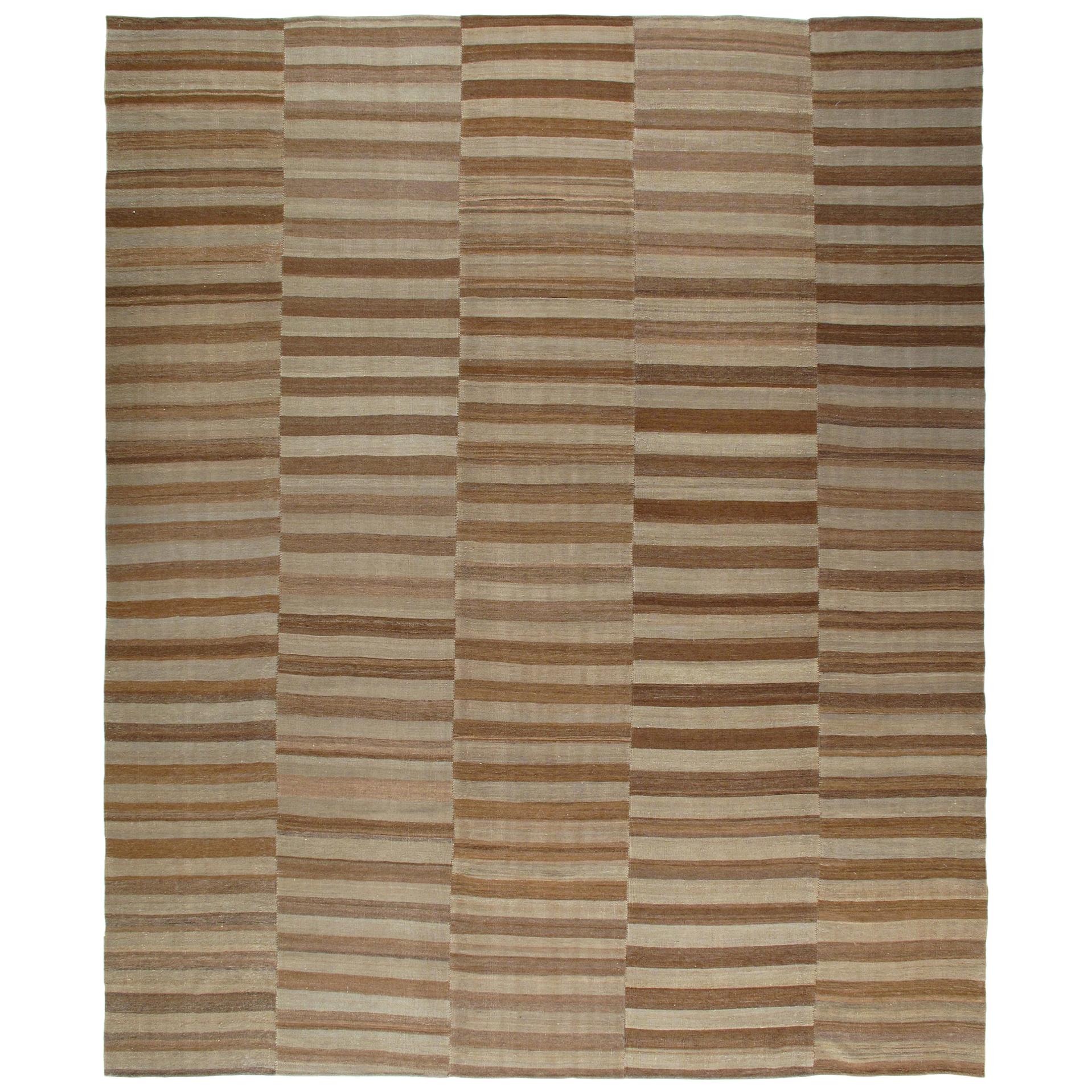 Modern Shiraz Handwoven Flatweave Rug in Brown and Beige Color