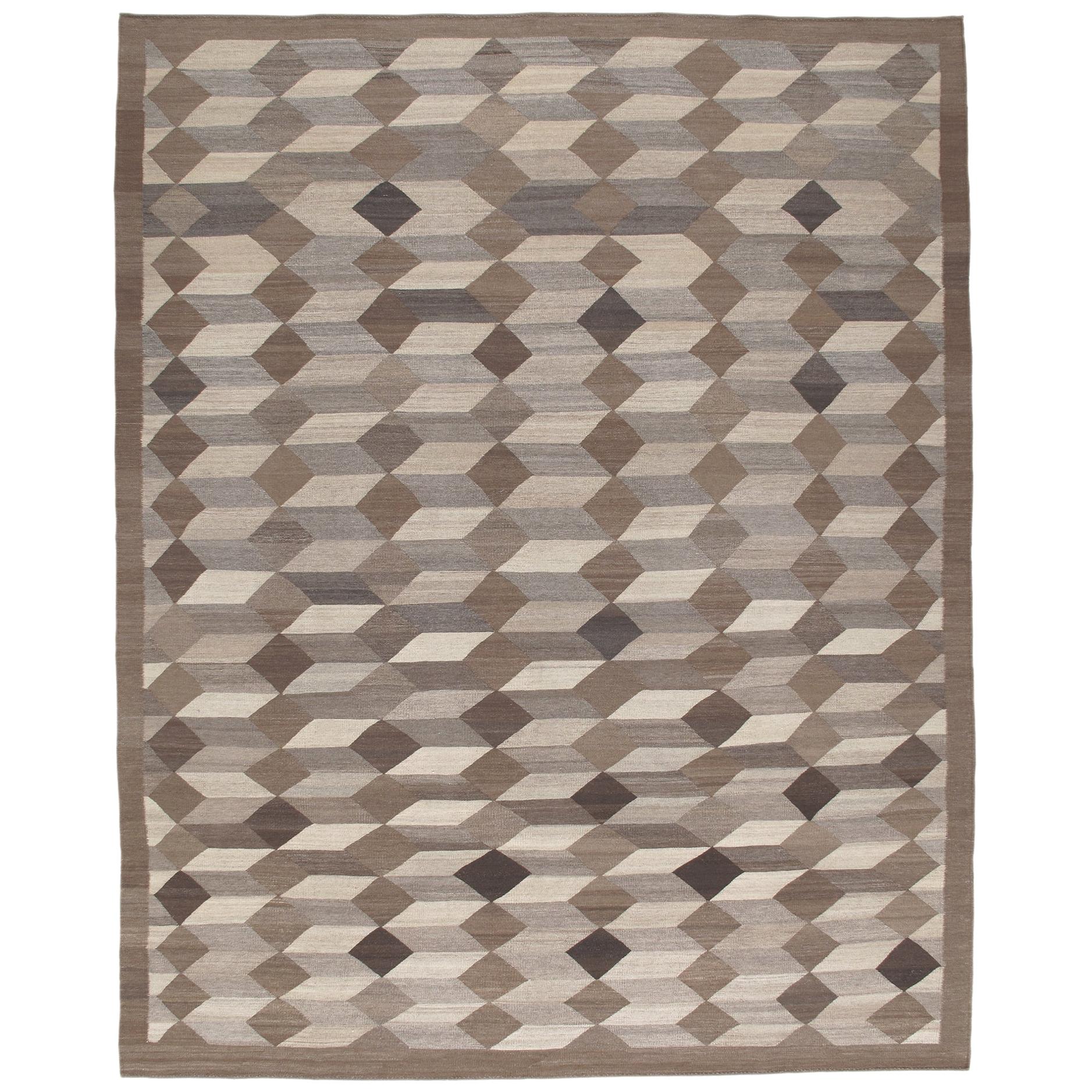 Modern Shiraz Handwoven Flatweave Cube Design Rug in Natural and Brown Colors