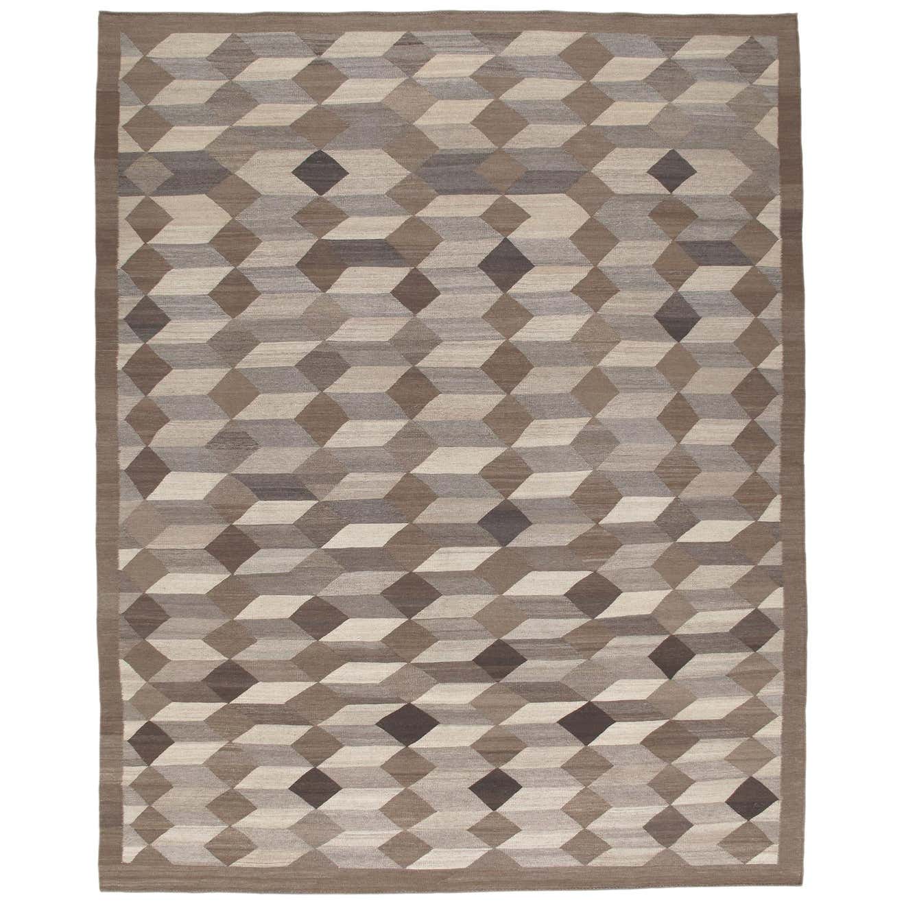 Modern Shiraz Handwoven Flatweave Cube Design Rug in Natural and Brown ...