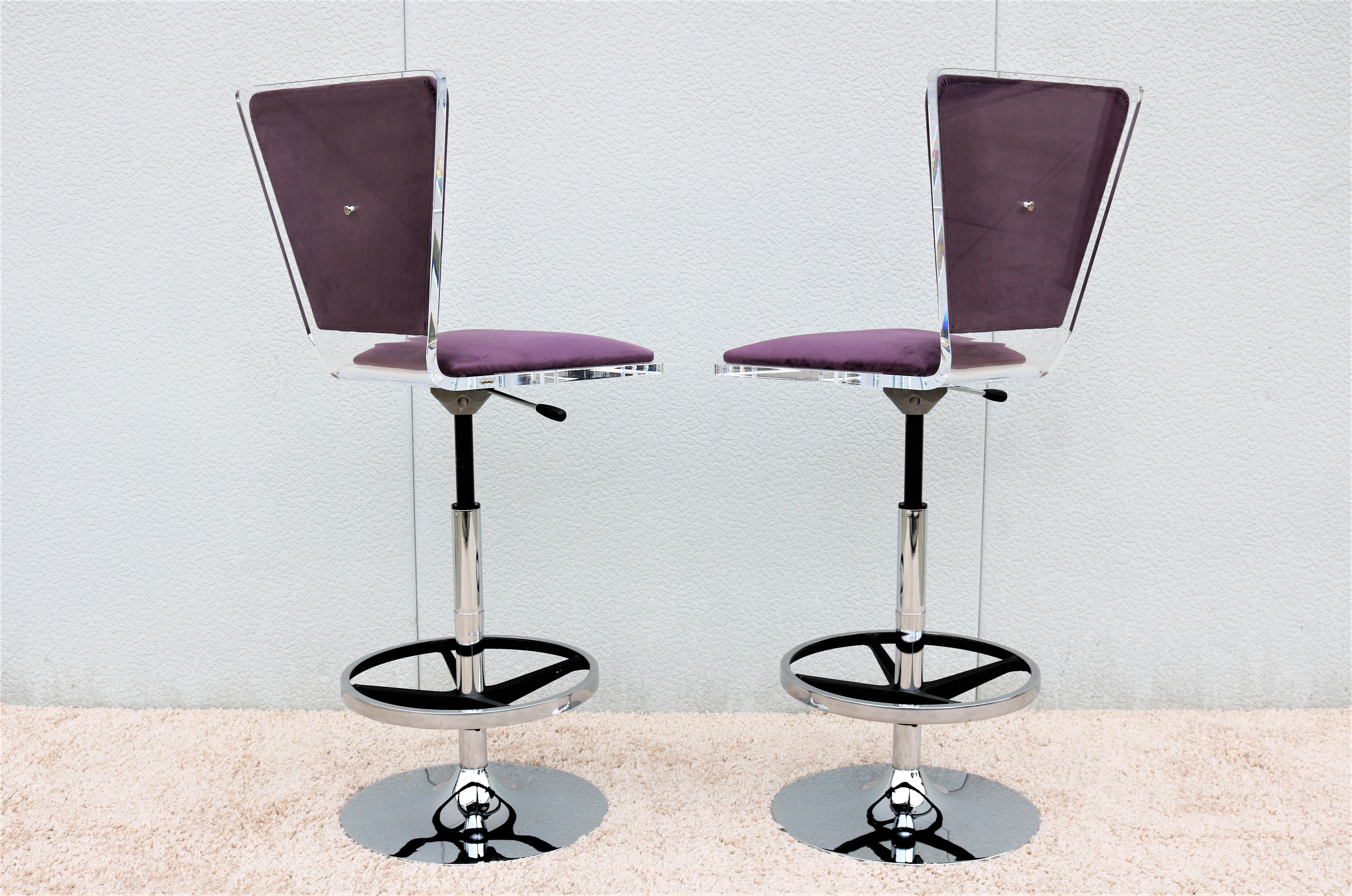 Modern Shlomi Haziza H.Studio Trigo Barstools in Purple Suede and Acrylic a pair 3