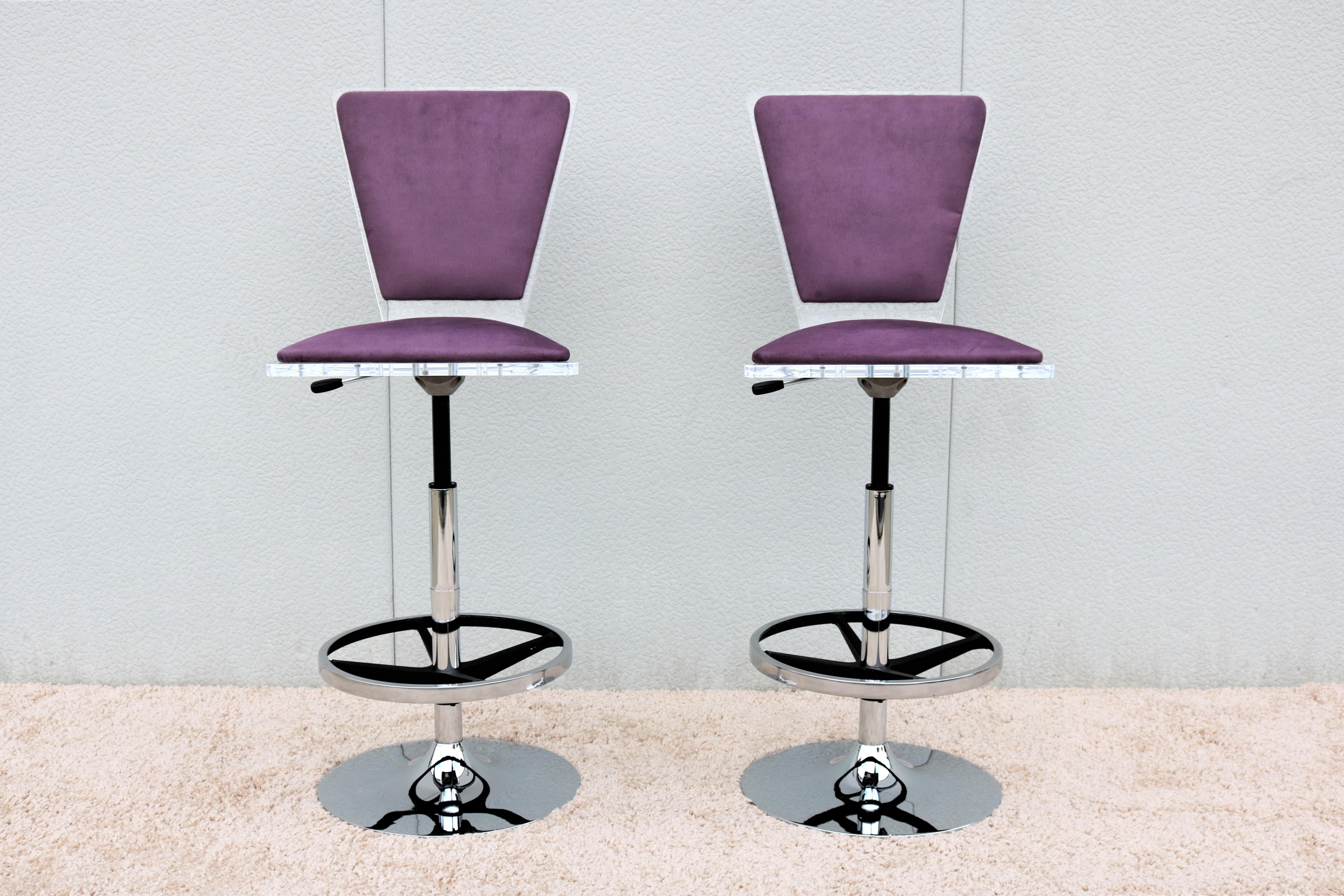 American Modern Shlomi Haziza H.Studio Trigo Barstools in Purple Suede and Acrylic a pair