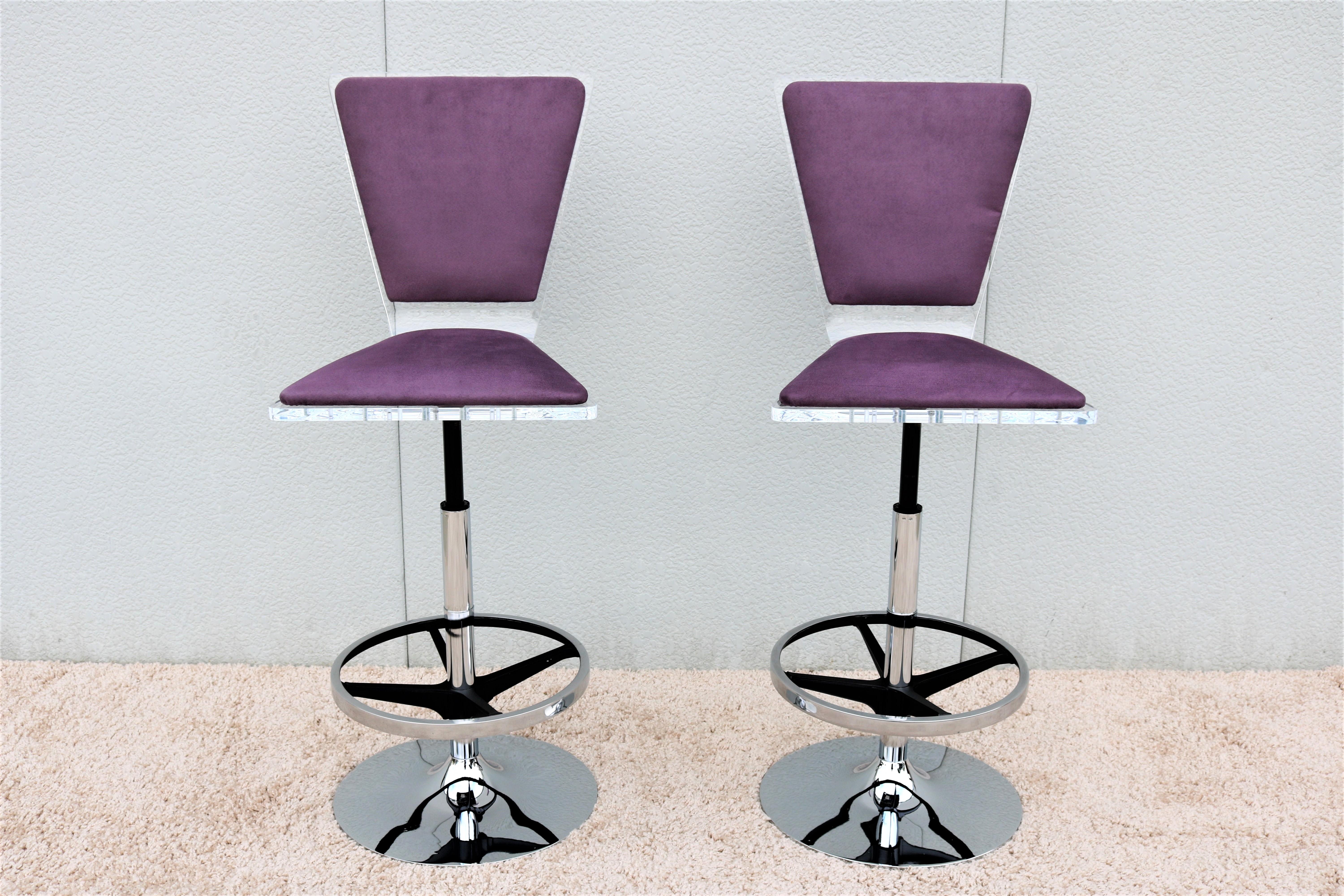 Polished Modern Shlomi Haziza H.Studio Trigo Barstools in Purple Suede and Acrylic a pair