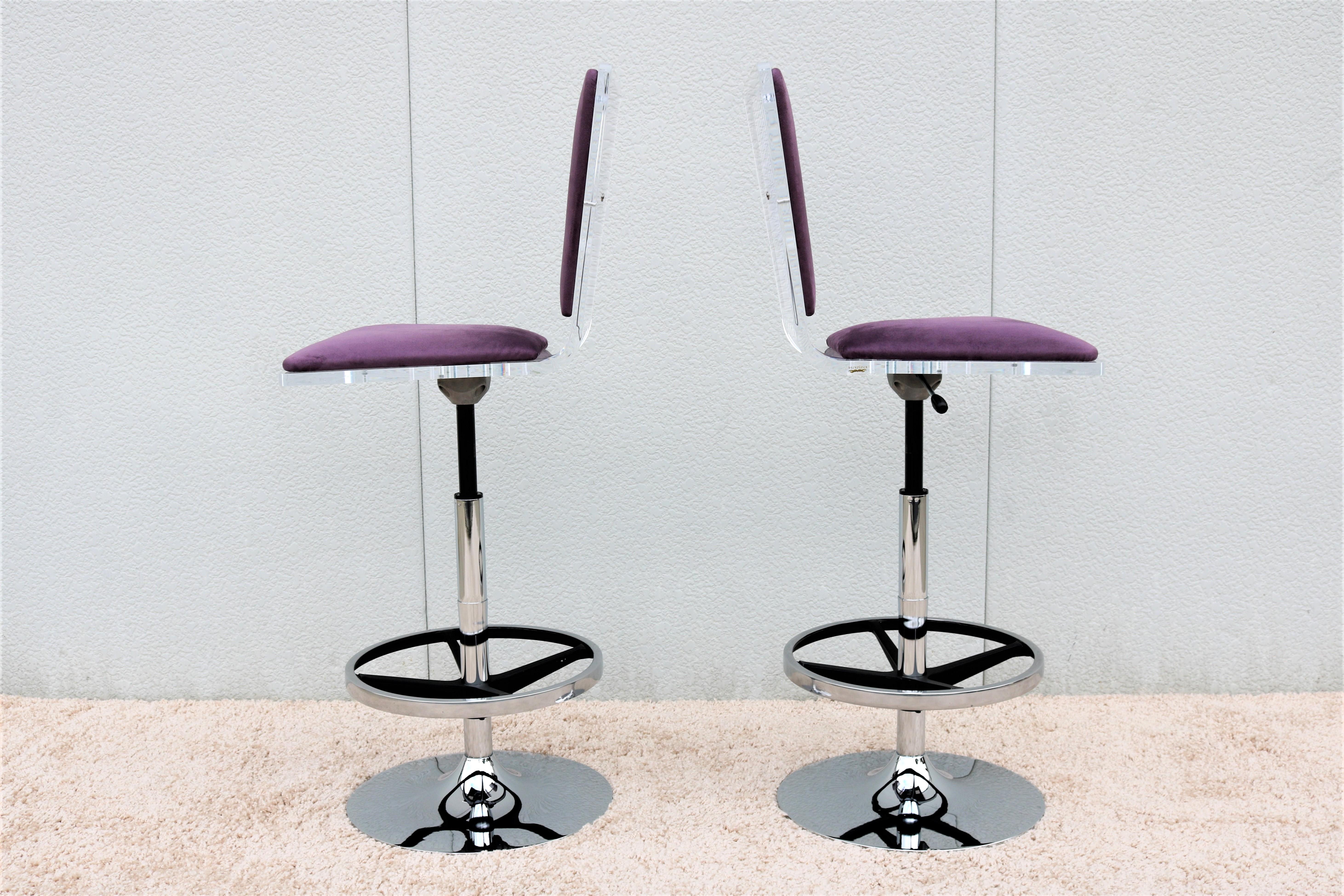 Modern Shlomi Haziza H.Studio Trigo Barstools in Purple Suede and Acrylic a pair In Good Condition In Secaucus, NJ
