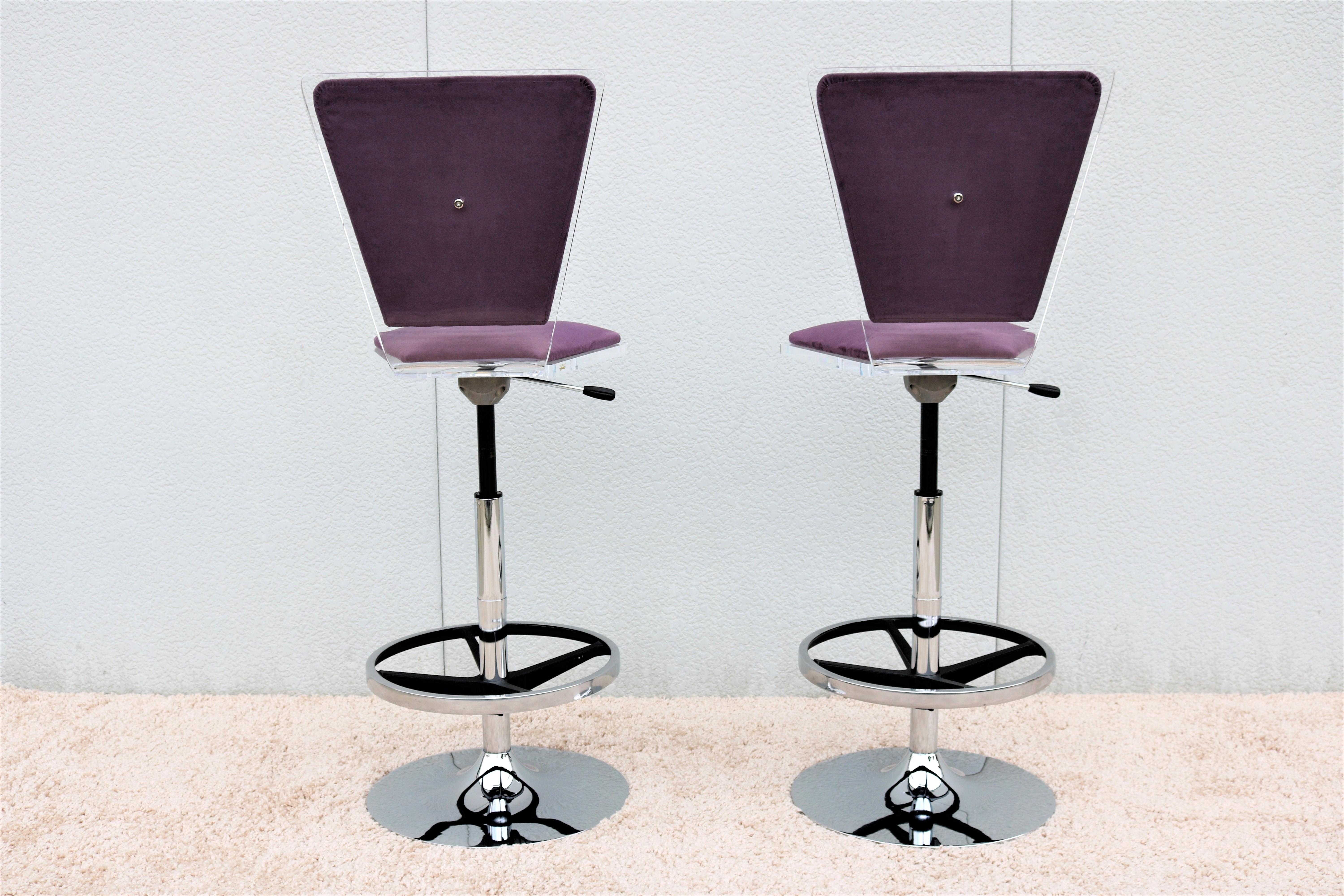 Metal Modern Shlomi Haziza H.Studio Trigo Barstools in Purple Suede and Acrylic a pair