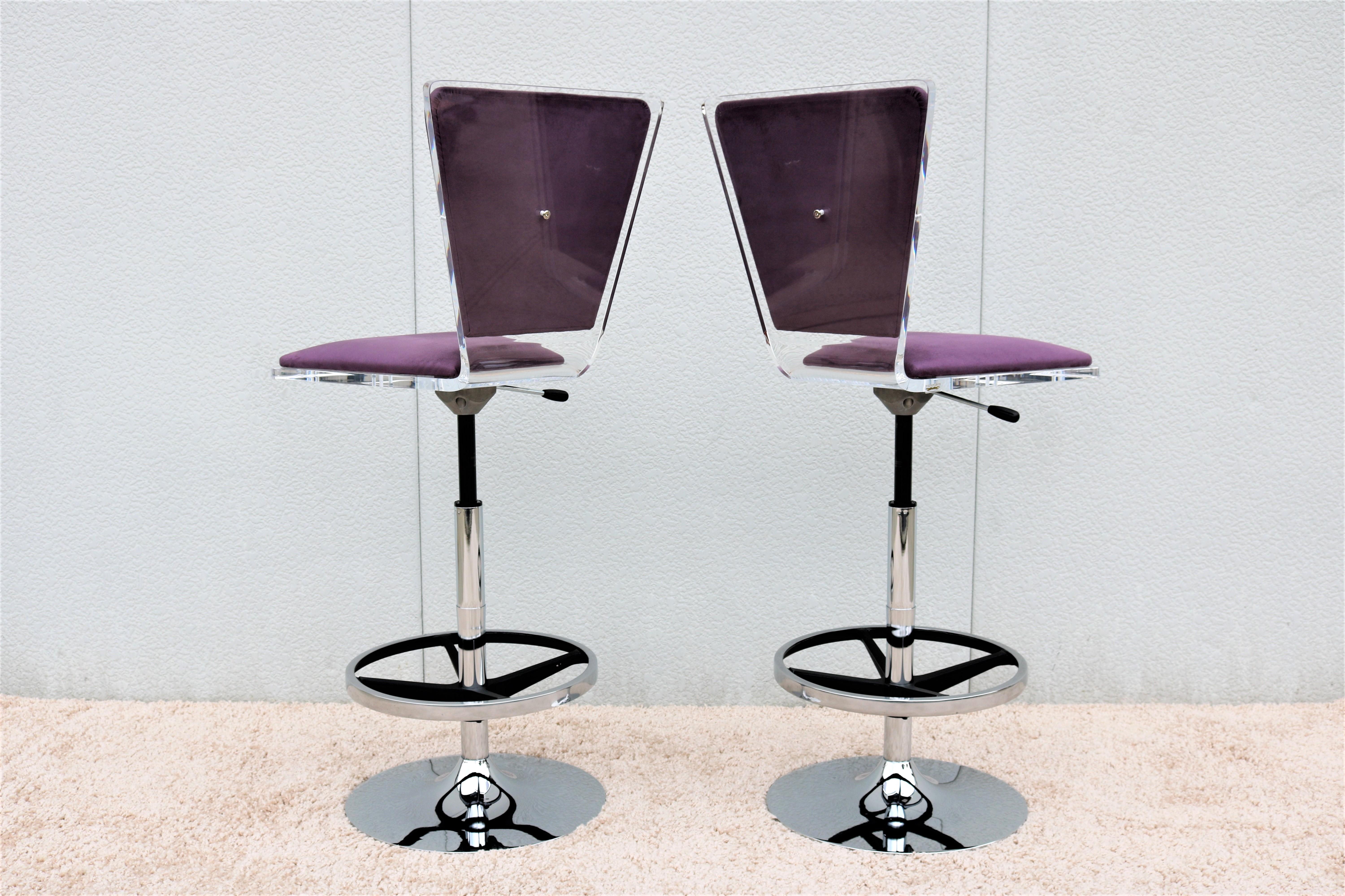 Modern Shlomi Haziza H.Studio Trigo Barstools in Purple Suede and Acrylic a pair 1
