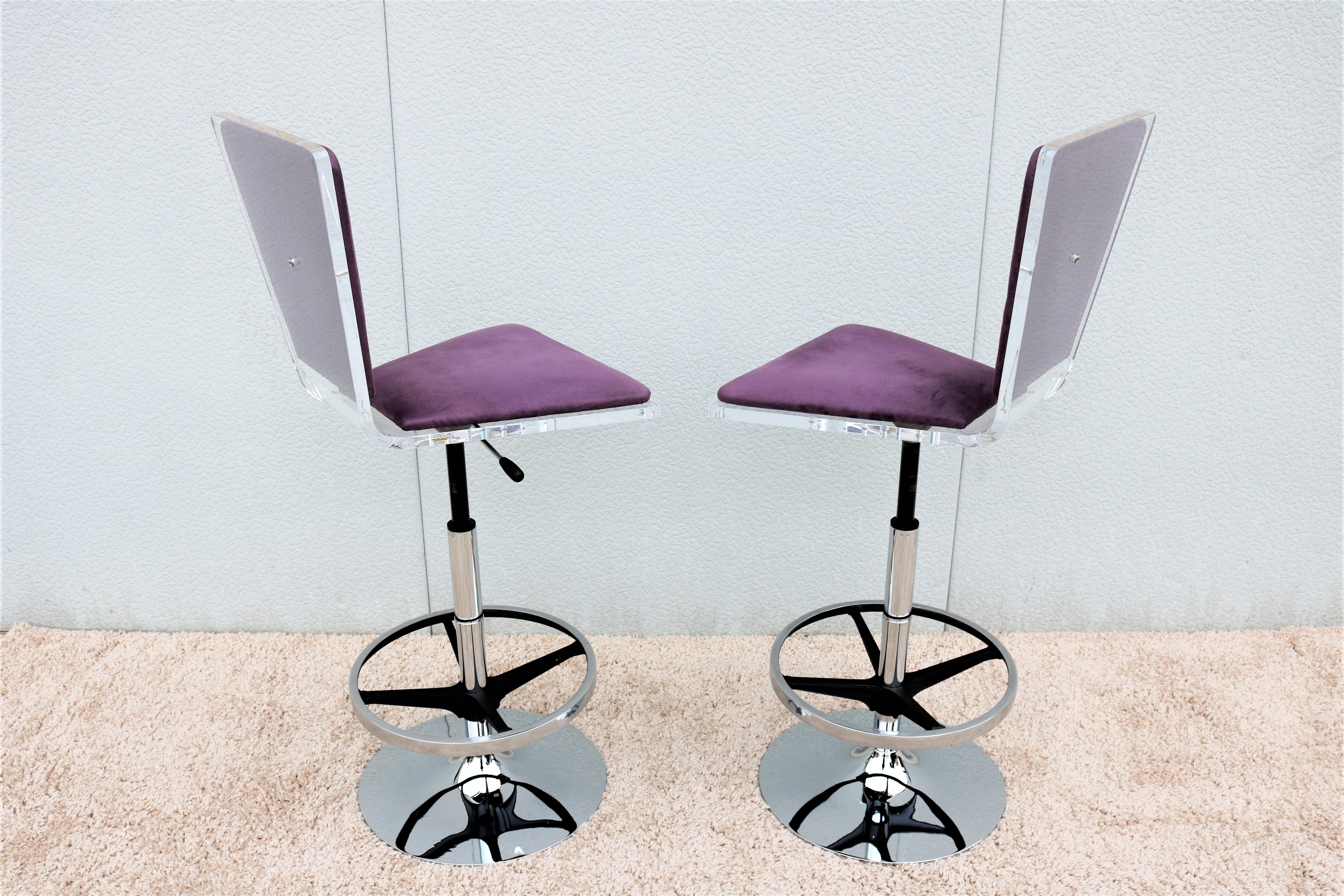 Modern Shlomi Haziza H.Studio Trigo Barstools in Purple Suede and Acrylic a pair 2