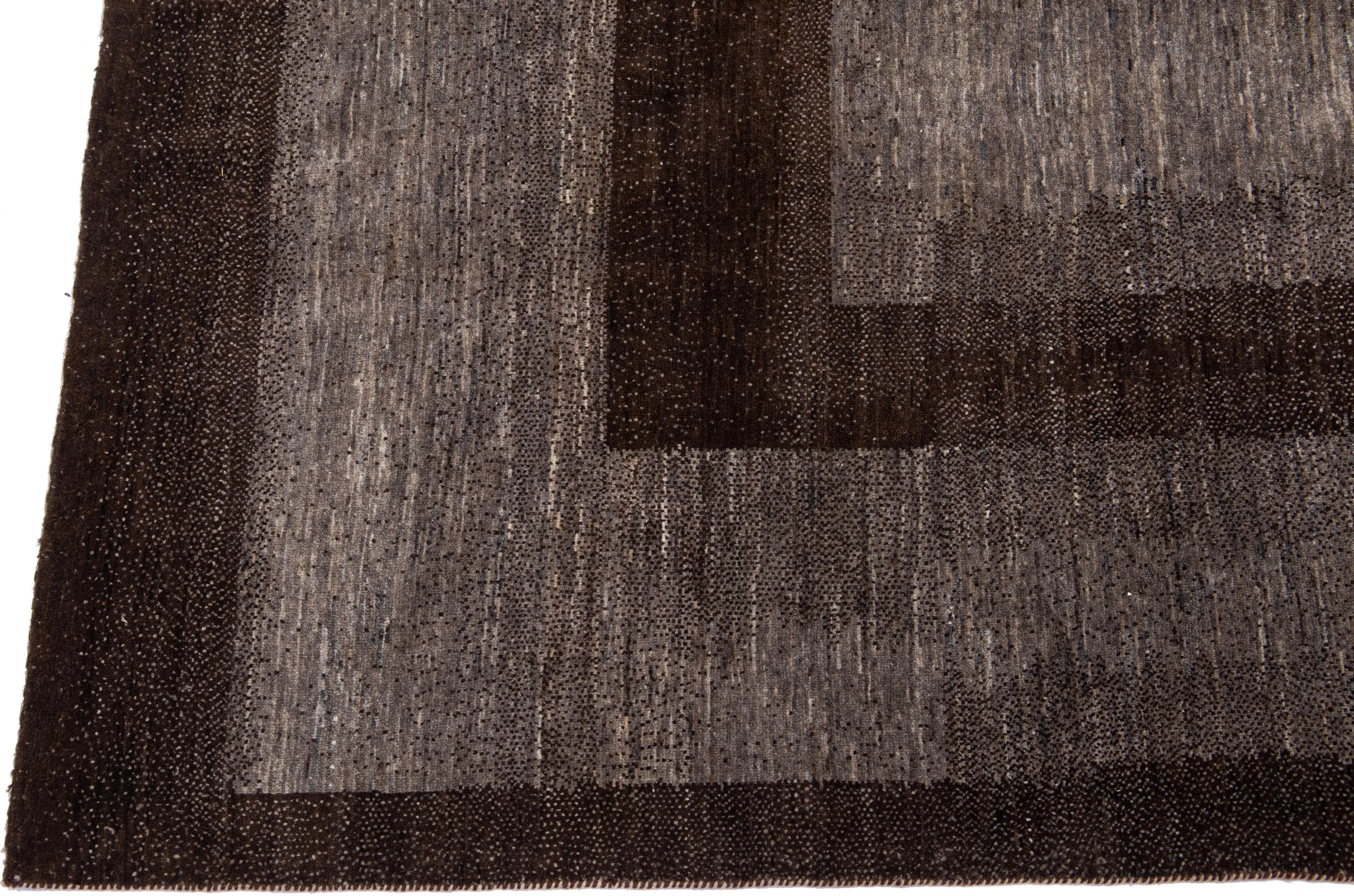 Indian Modern Shouli Gabbeh Gray & Brown Handmade Persian Wool Rug For Sale