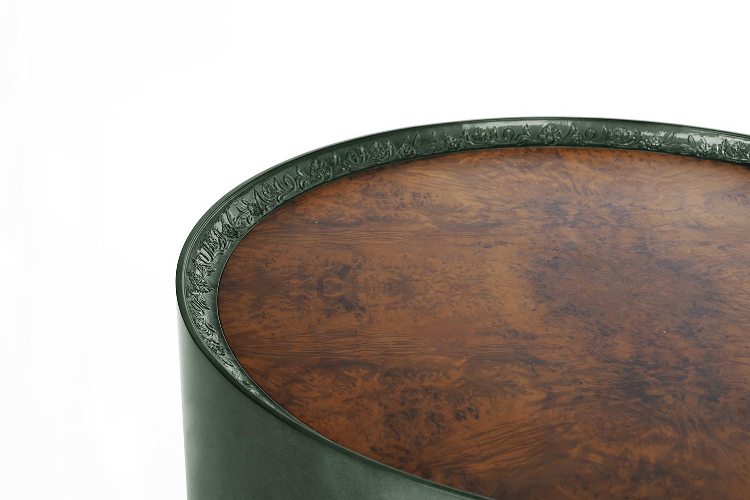 Portuguese Modern Shy Green Center Table, Carved Wood with Silver Leaf and Wood Veneer Top For Sale