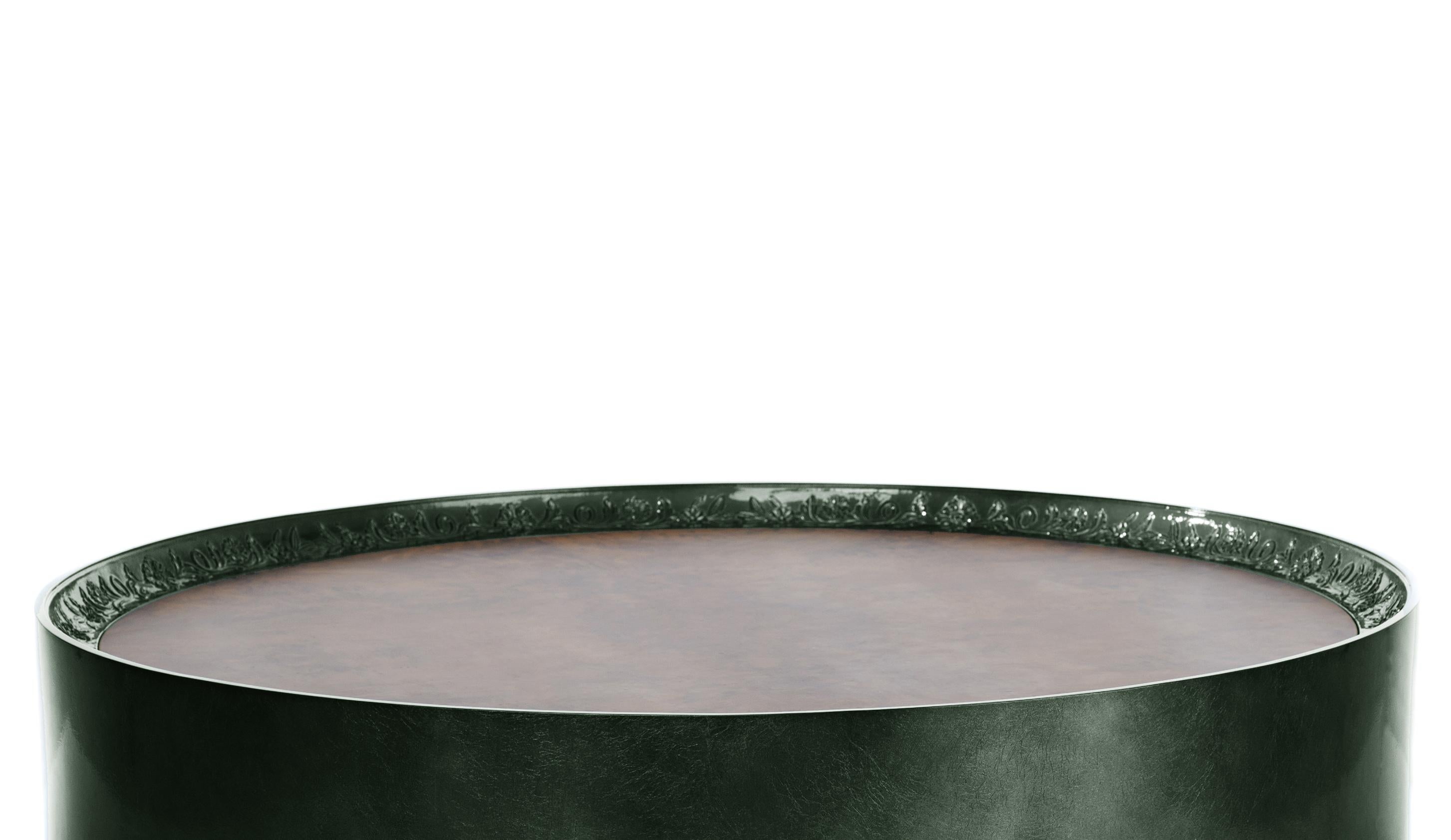 Contemporary Modern Shy Green Center Table, Carved Wood with Silver Leaf and Wood Veneer Top For Sale