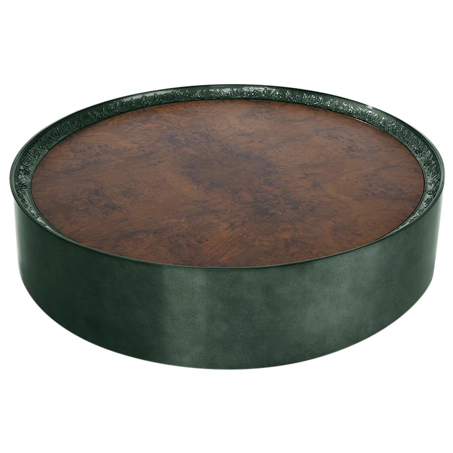 Modern Shy Green Center Table, Carved Wood with Silver Leaf and Wood Veneer Top