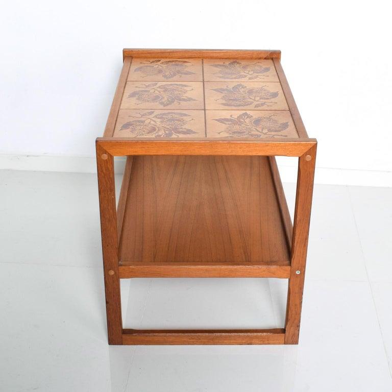 Danish 1979 Side Service Table Tiered Teakwood with Tile Tabletop Ox Art Denmark