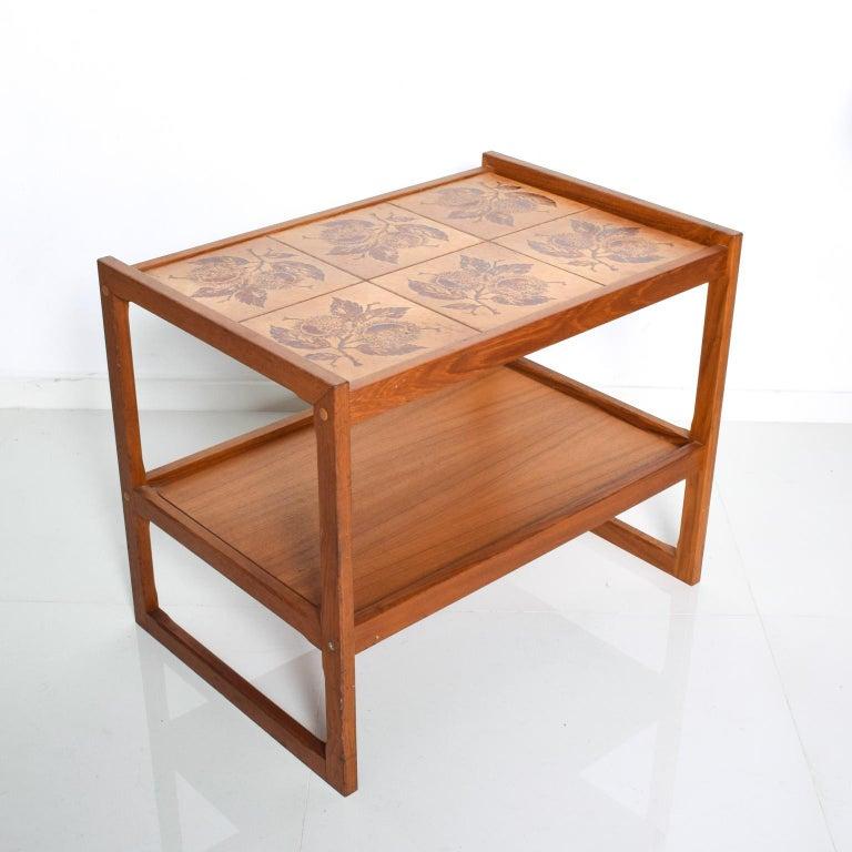 Ceramic 1979 Side Service Table Tiered Teakwood with Tile Tabletop Ox Art Denmark