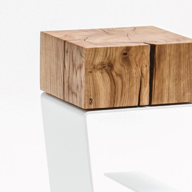Minimalist Modern Side Table by Tomasz Danielec, White Painted Steel, Vintage Treated Oak For Sale