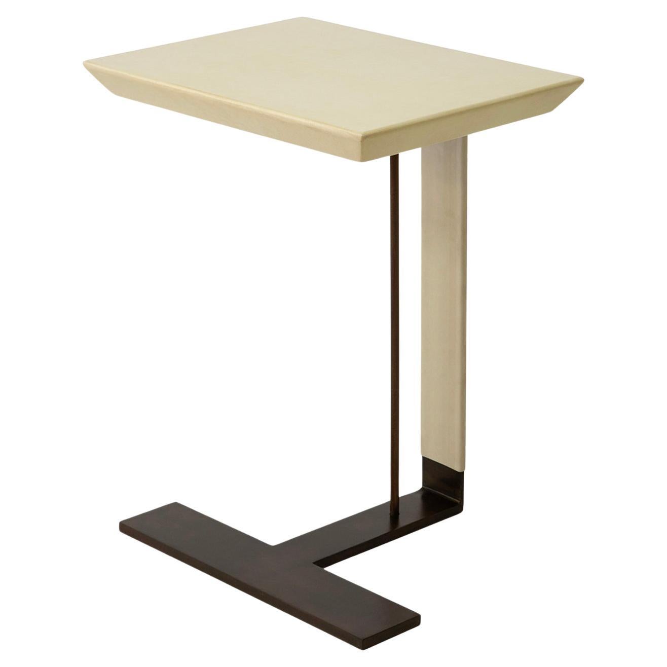 Table d
appoint moderne Bureau Bronze Cream Steel Parchment Hand stitched Suede Leather en vente