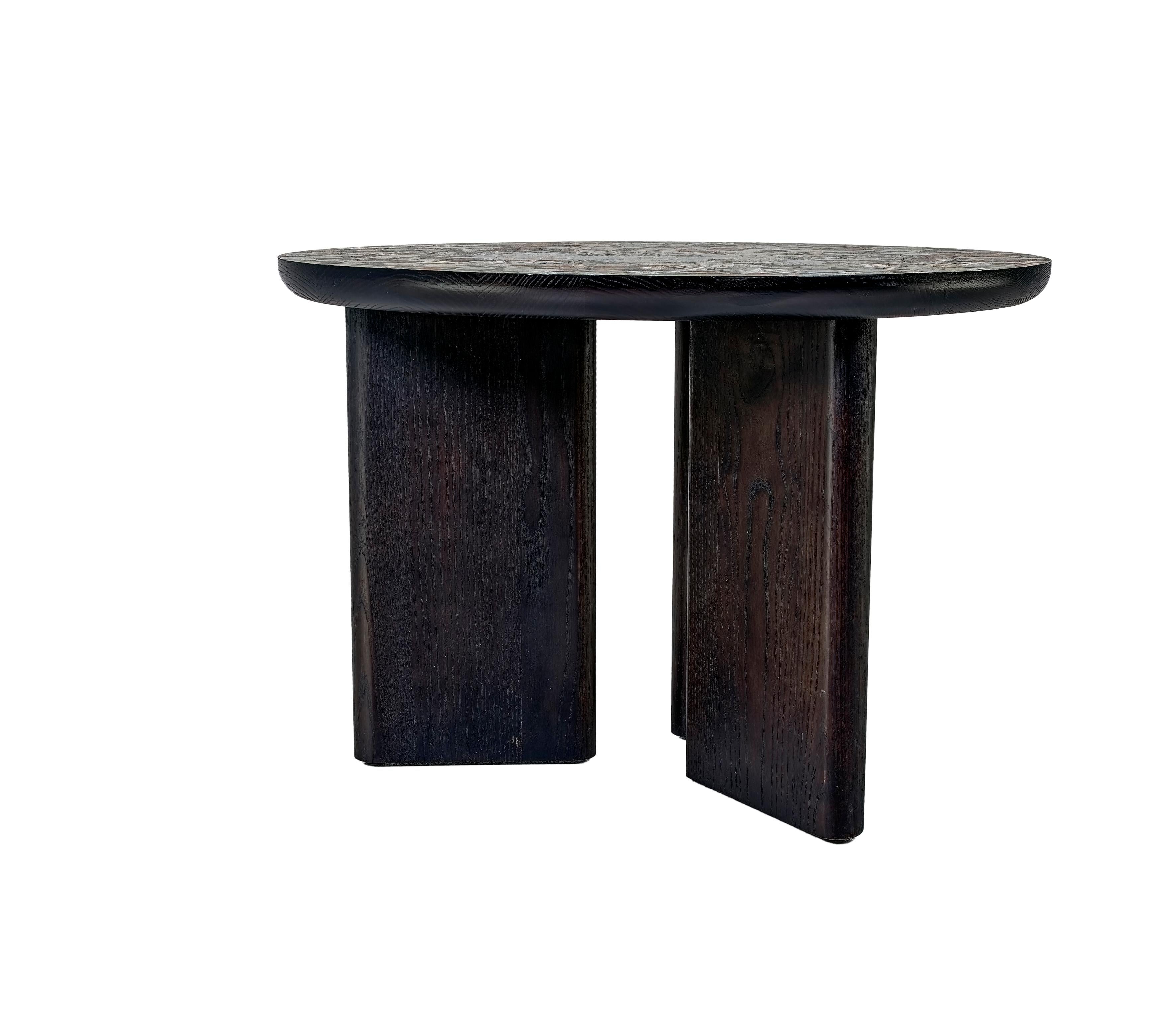 Three-legged Modern Side Table, Ebonized Oak. Top is covered with original Josef Frank Wallpaper and several layers of clear finish. Matching coffee table available, please see pictures.