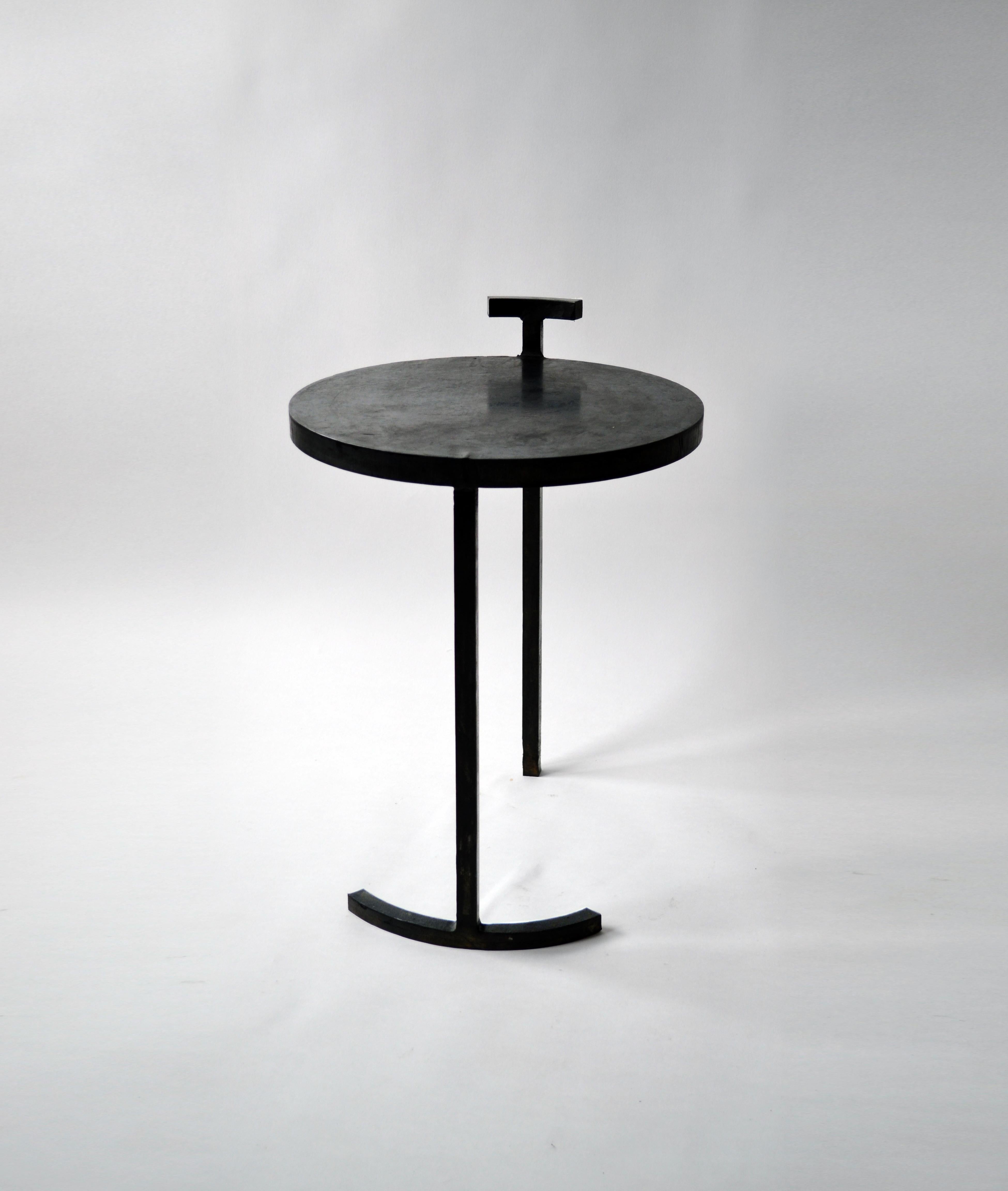 Black Side Table Round Modern Geometric Blackened Waxed Steel Contemporary  For Sale 1