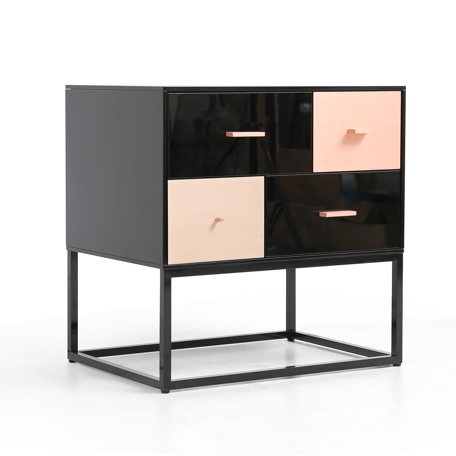 Contemporary Modern black Side Table in High Gloss with Brass, Copper, Bronze Drawers For Sale