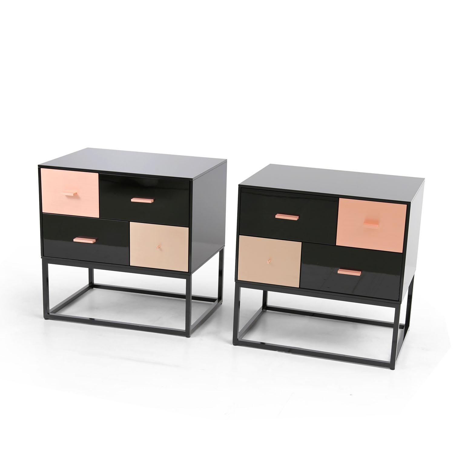 Modern black Side Table in High Gloss with Brass, Copper, Bronze Drawers For Sale 2