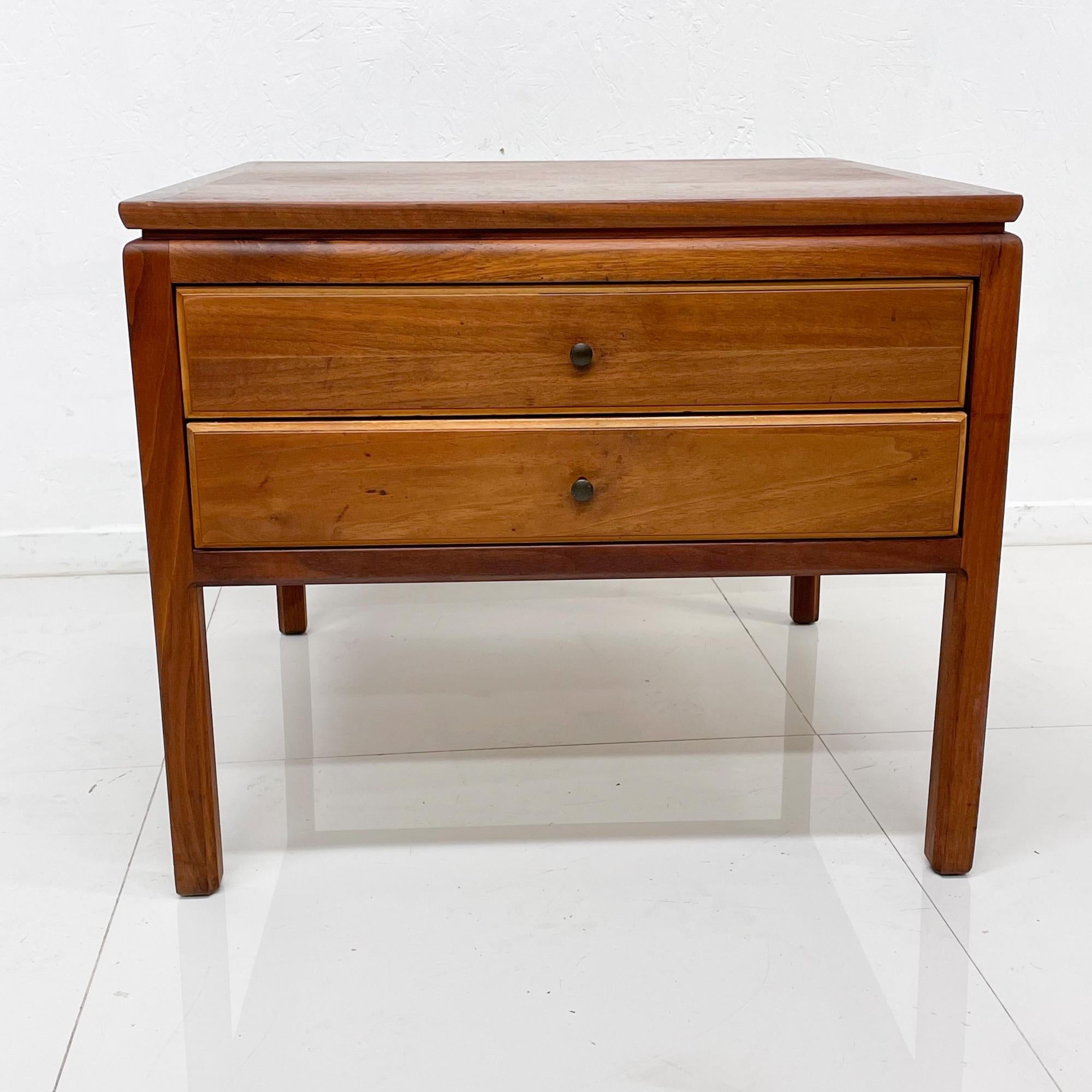 American Modern Side Table Pair Floating Walnut Wood + Drawers Signed International 1970s