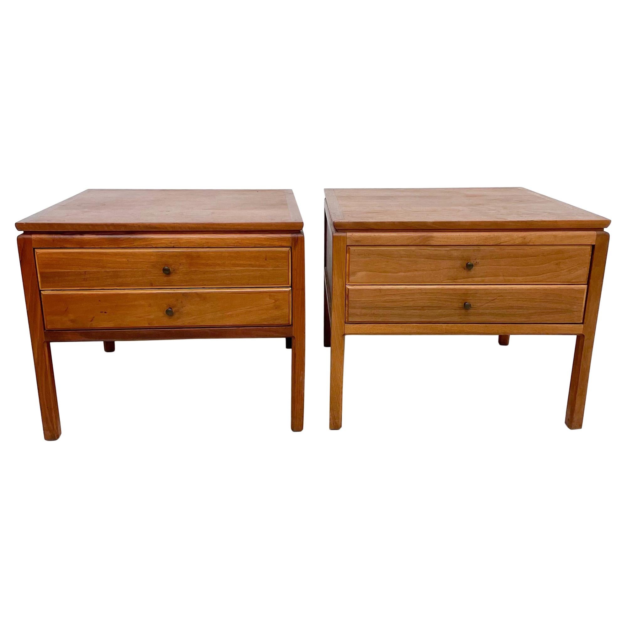 Modern Side Table Pair Floating Walnut Wood + Drawers Signed International 1970s