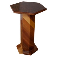 Vintage Modern Side Table, Pedestal with Wooden Mosaic and Burl Wood 