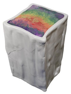 Side Table  White Resin Sculpture with Multicolor Top Handmade in Italy Cupioli