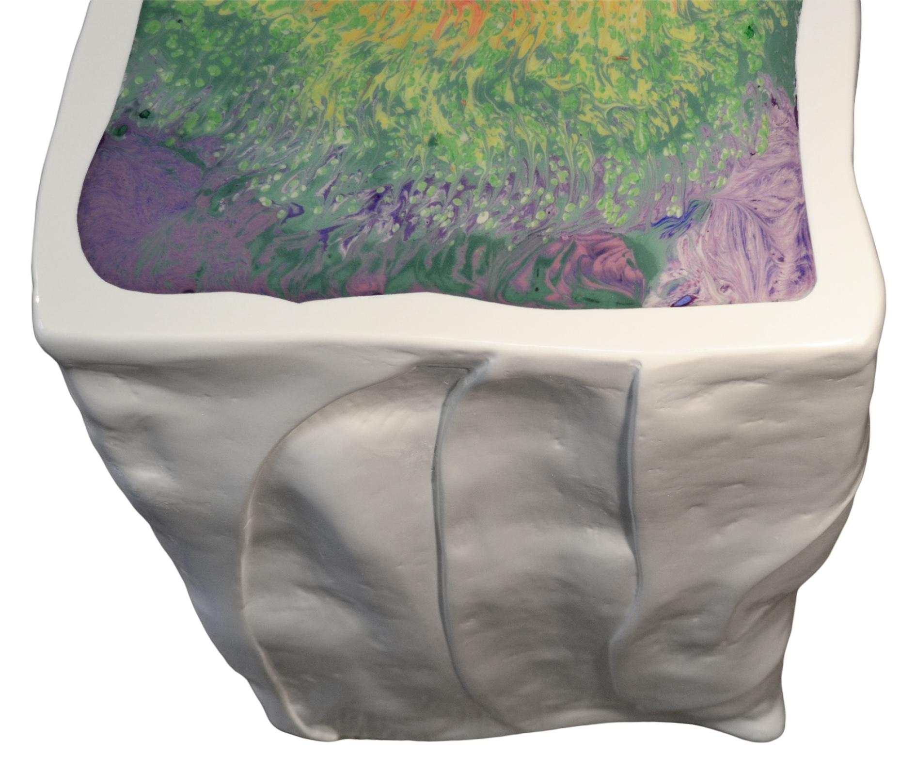 Hand-Crafted Side Table  White Resin Sculpture with Multicolor Top Handmade in Italy Cupioli For Sale