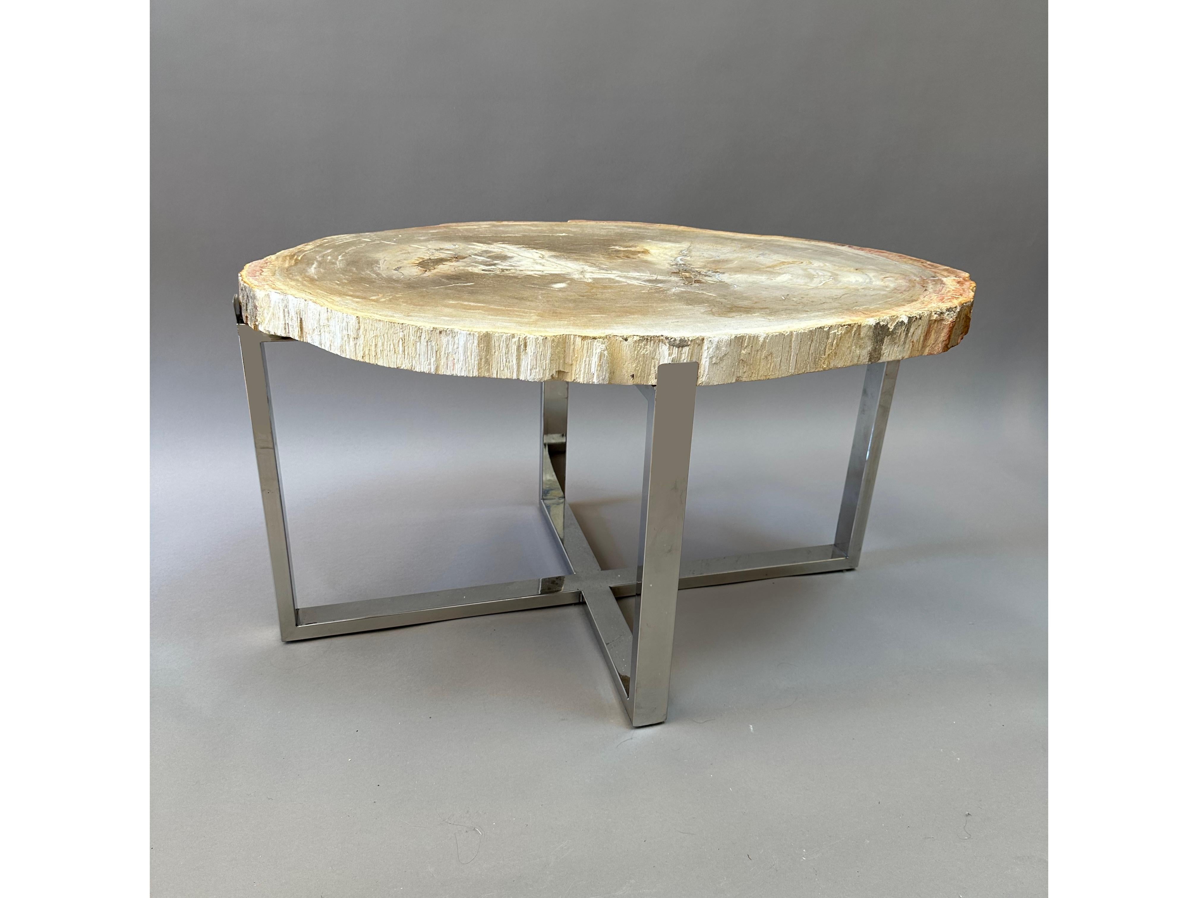 Unusual Modern Side Table with a prehistoric 20-300 Million Year Old Petrified Wood Top. Custom made chrome base.