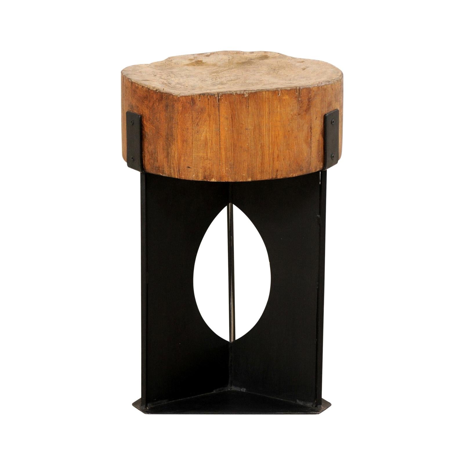 Modern Side Table with European Chopping Block Top and Custom Iron Base