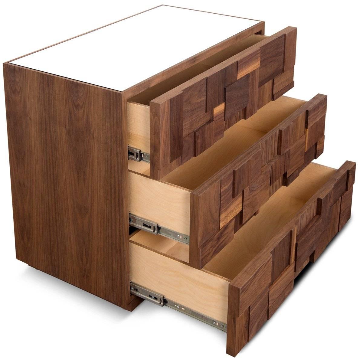 Mid-Century Modern Modern Side Table with Hand-Cut Blocks Raised Geometric Pattern Three Drawers For Sale