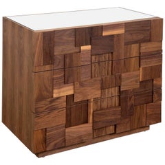 Modern Side Table with Hand-Cut Blocks Raised Geometric Pattern Three Drawers