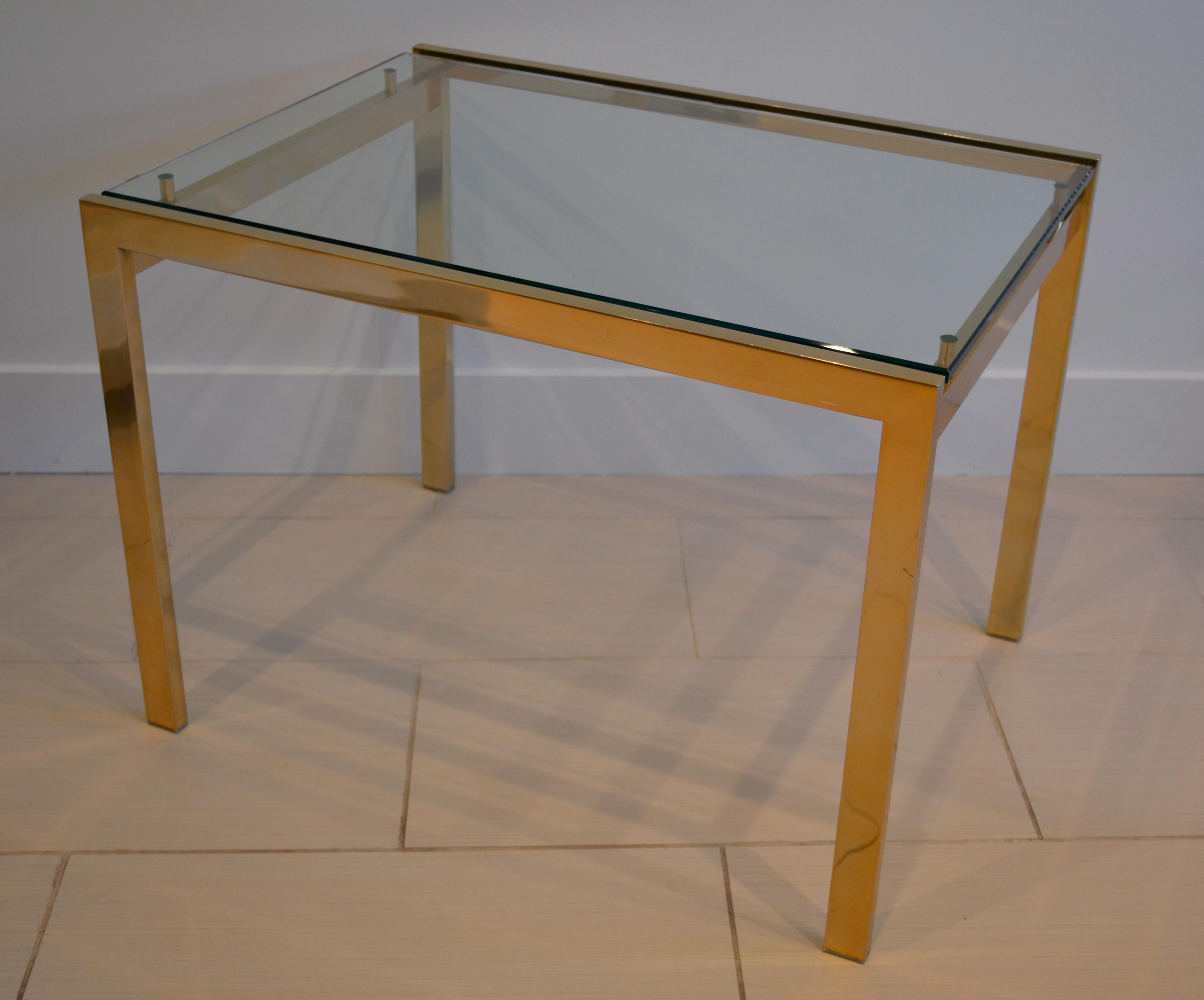 Modern Side Table with Lacquered Brass Base and Floating Glass Top, 1980's In Good Condition For Sale In Bedford Hills, NY