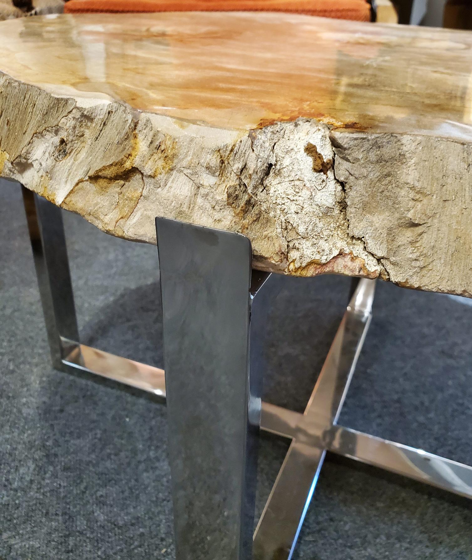 Modern Side Table with Petrified Wood Top and Custom Chrome Base 6