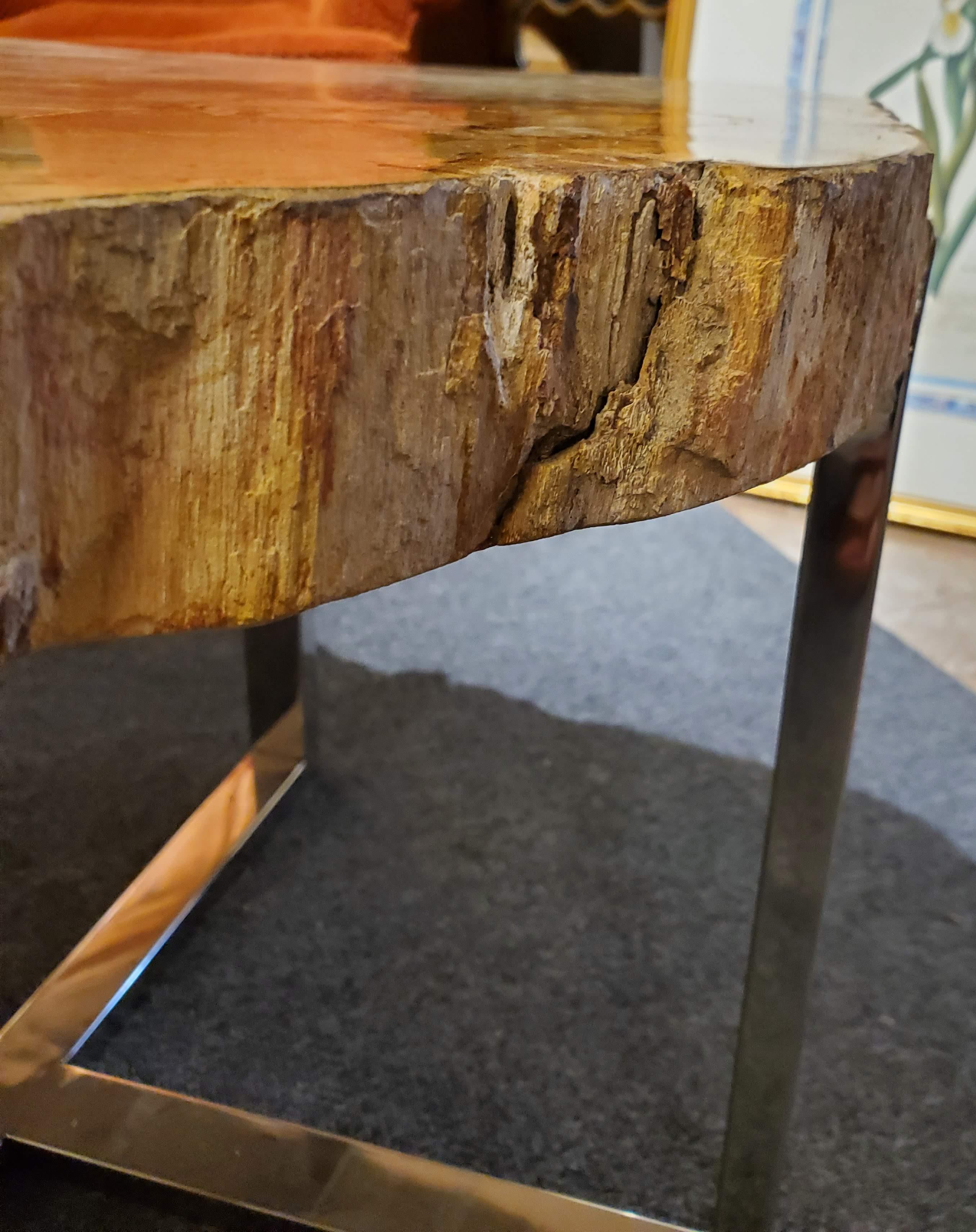 Modern Side Table with Petrified Wood Top and Custom Chrome Base 7