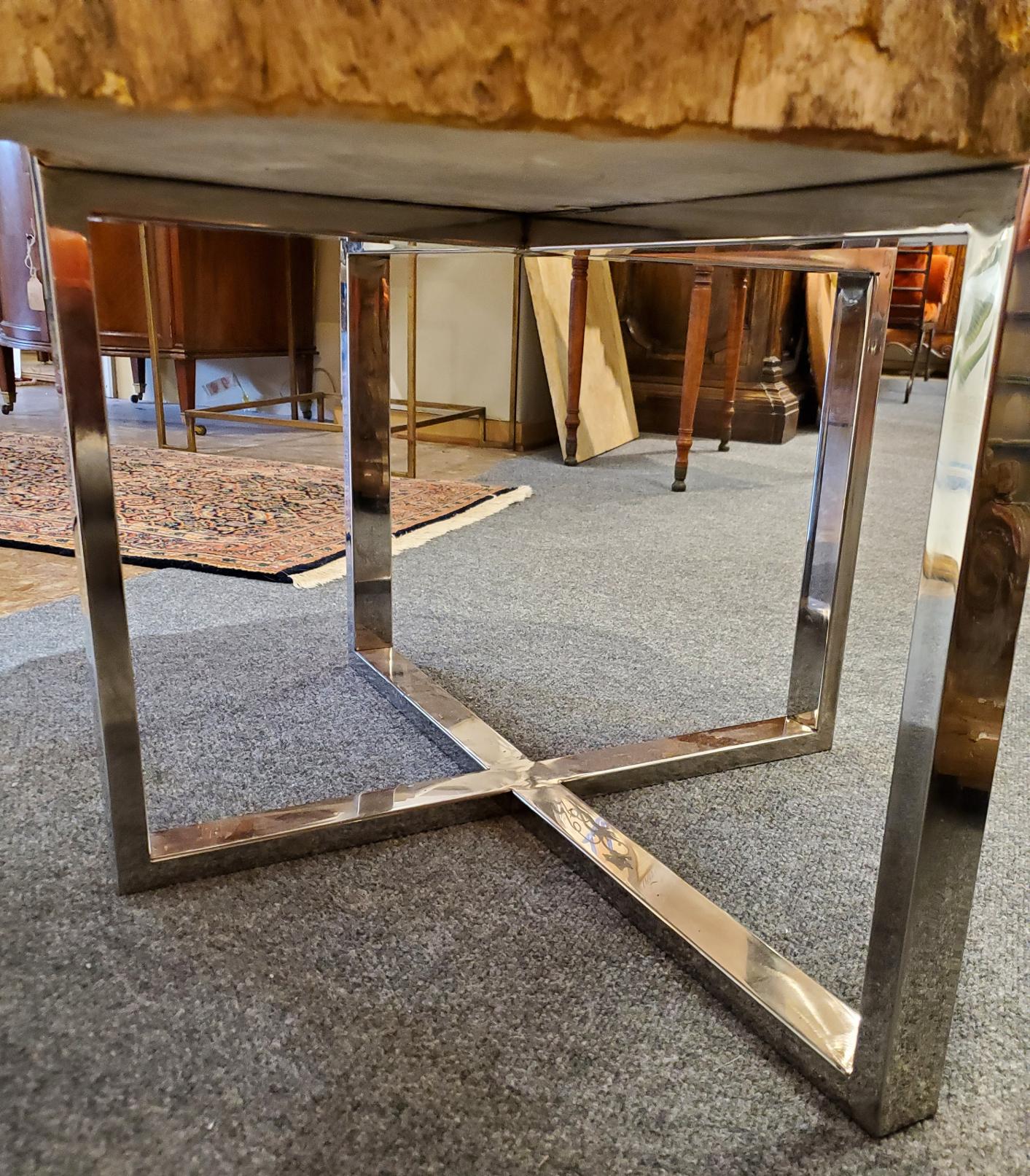 Modern Side Table with Petrified Wood Top and Custom Chrome Base 8