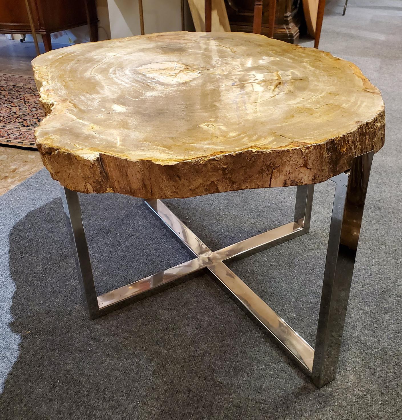 Modern Side Table with Petrified Wood Top and Custom Chrome Base In Good Condition In Middleburg, VA