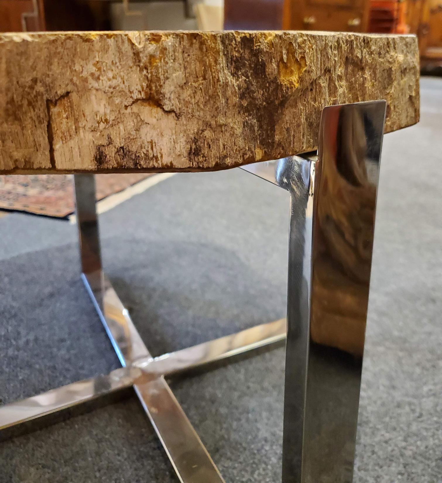 Modern Side Table with Petrified Wood Top and Custom Chrome Base 5