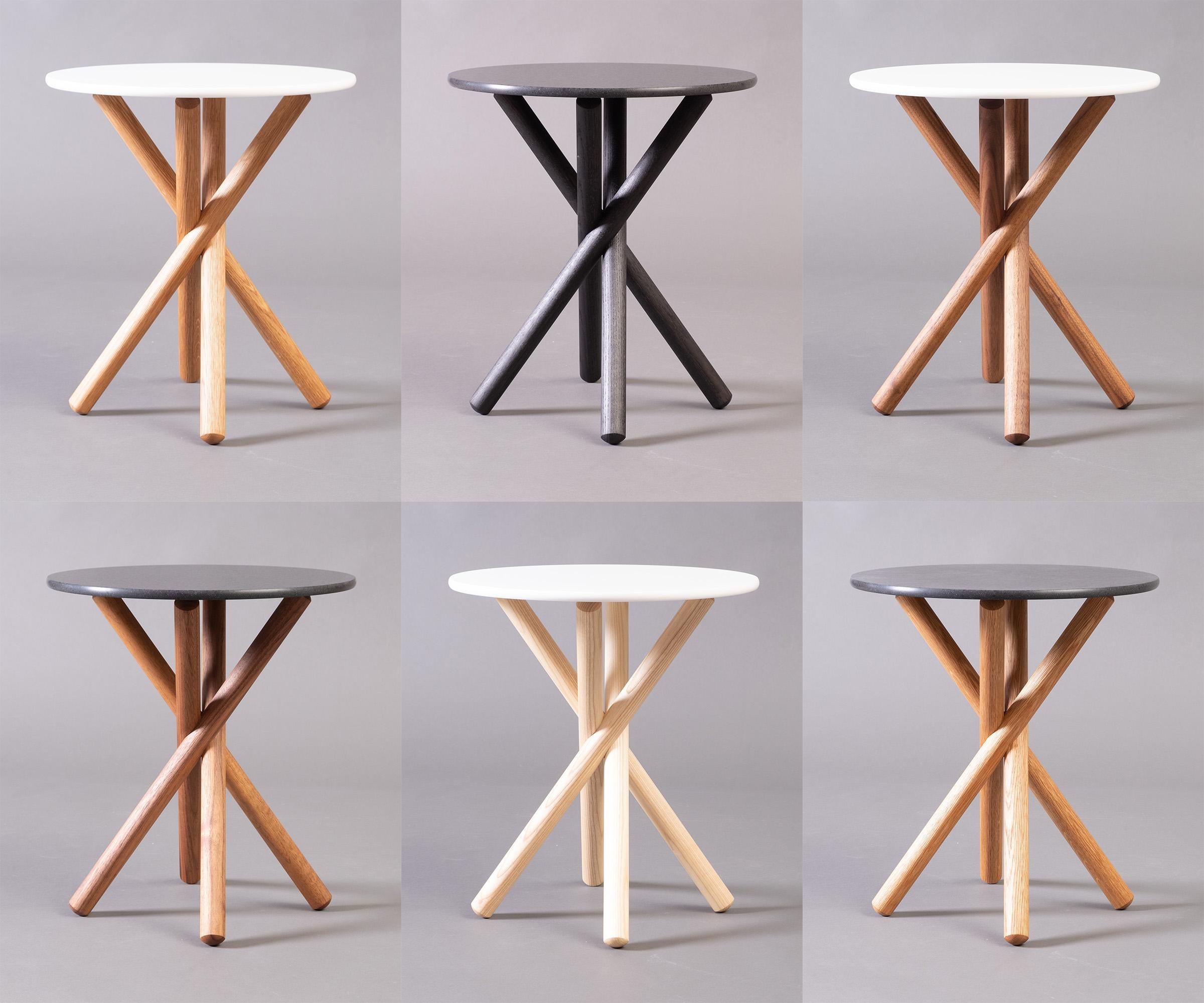 Canadian Modern Side Table with Round Top and Crossed Wooden Legs For Sale