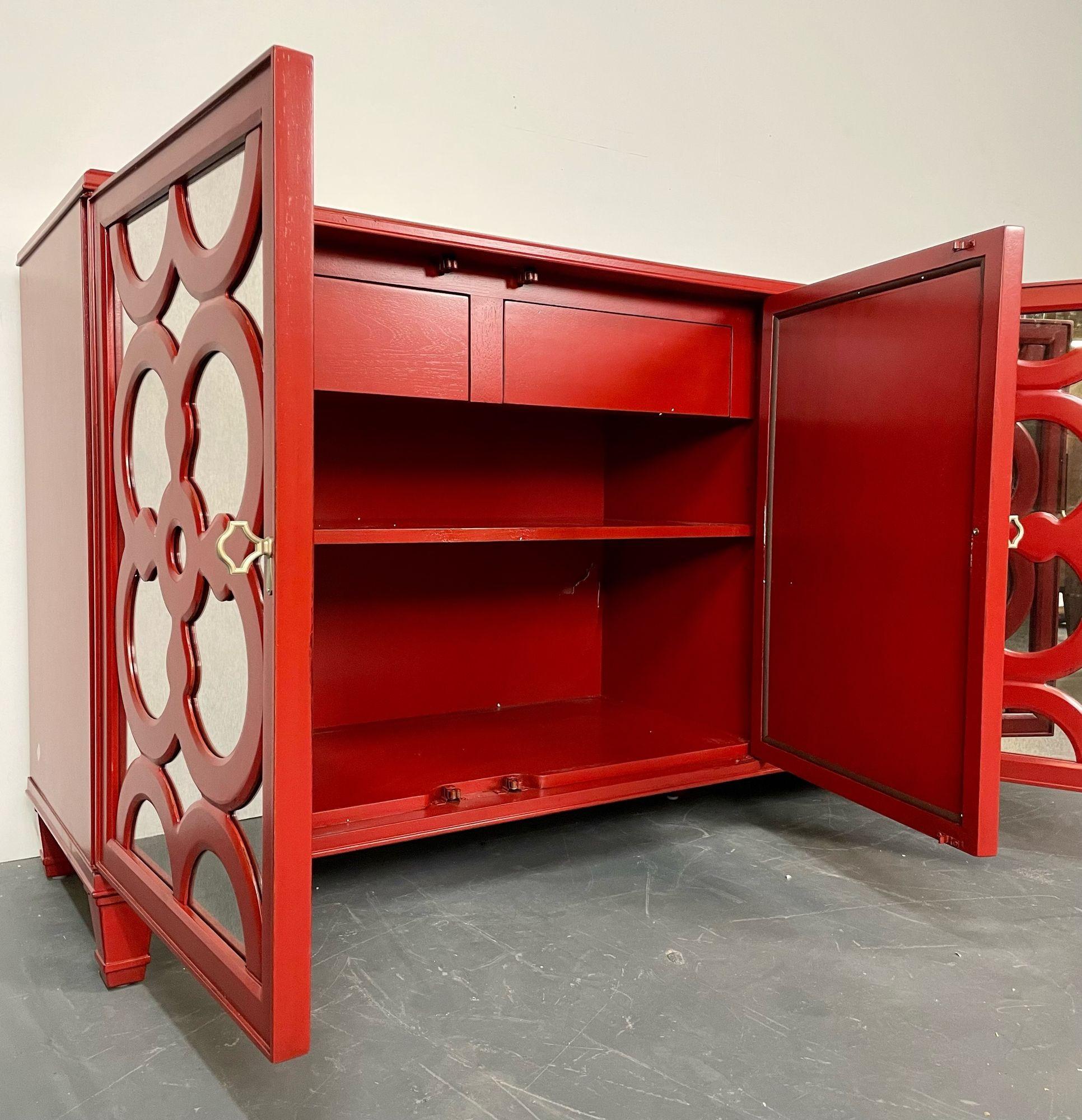 Modern Sideboard, Dresser or Chest, Red Lacquered, Mirrored In Good Condition For Sale In Stamford, CT