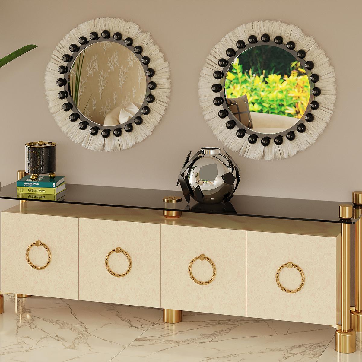 Modern Sideboard in Wood Marquetry and Golden Polished Brass & Smoked Glass Top In New Condition For Sale In Porto, PT