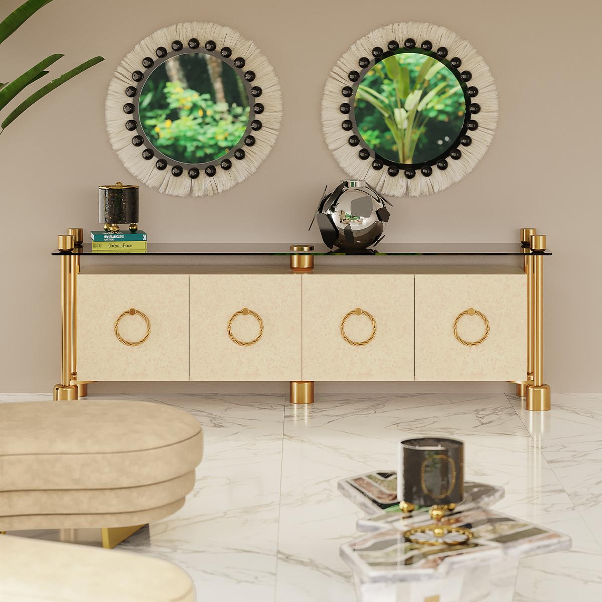 Contemporary Modern Sideboard in Wood Marquetry and Golden Polished Brass & Smoked Glass Top For Sale